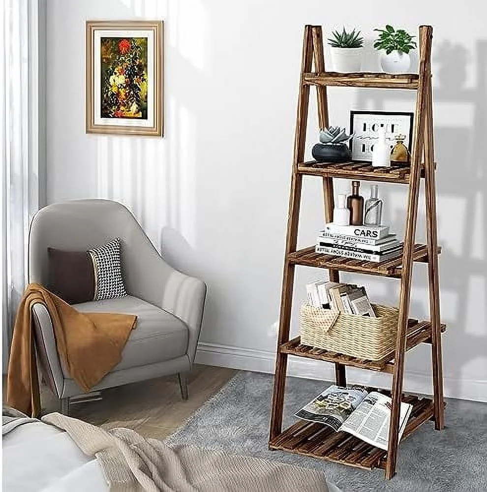 LNSETGC Ladder   5-Tier Wooden Plant Shelves  Rustic Flower Display Rack  Freestanding  Rack  Indoor Flowerpot Stand Ladder Bookshelf  Room  Office  Bedroom  Balcony ()