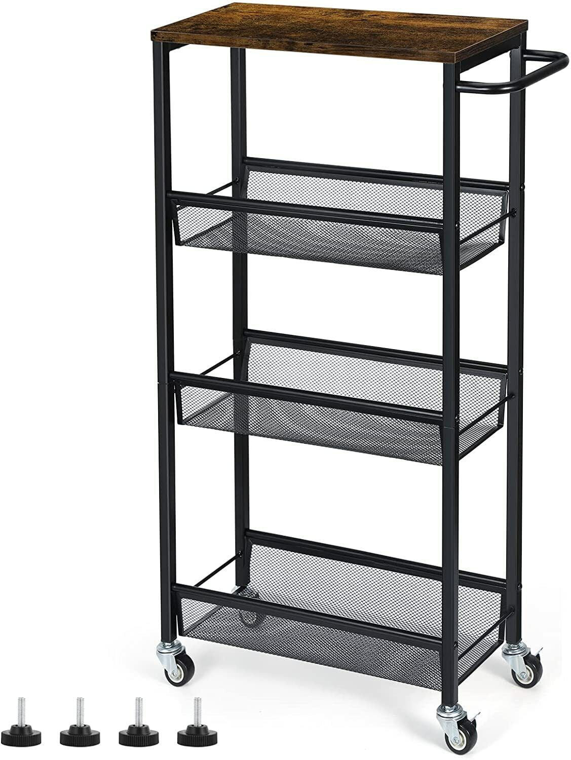 Slim Storage Cart Shelving Unit Narrow Storage Cart w/Wooden Top Kitchen 4 Tier