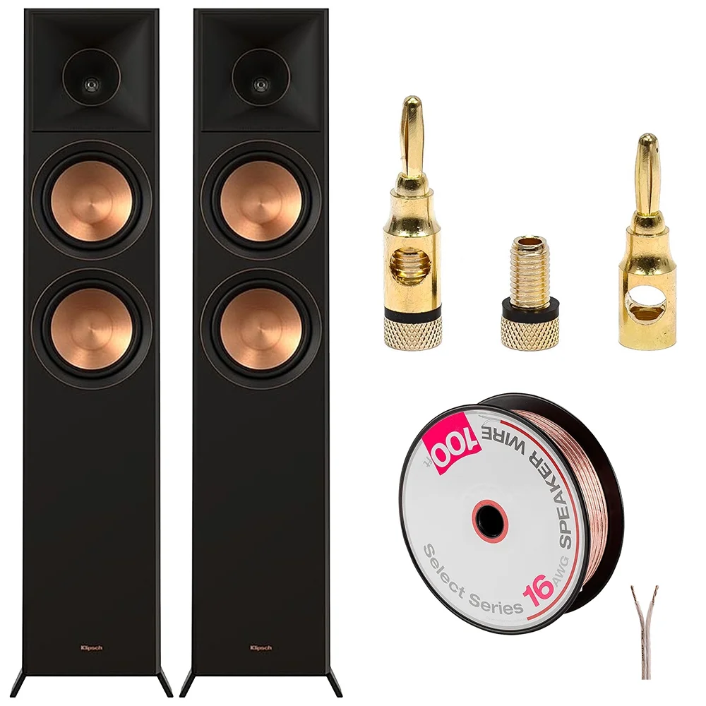 Klipsch RP-6000F II High-Fidelity Floorstanding Speaker (Pair) with Enhanced Bass Ebony Bundle with Deco Gear 100ft long 16 AWG Speaker Wire + High-Quality Brass Speaker Banana Plugs, 5-Pair