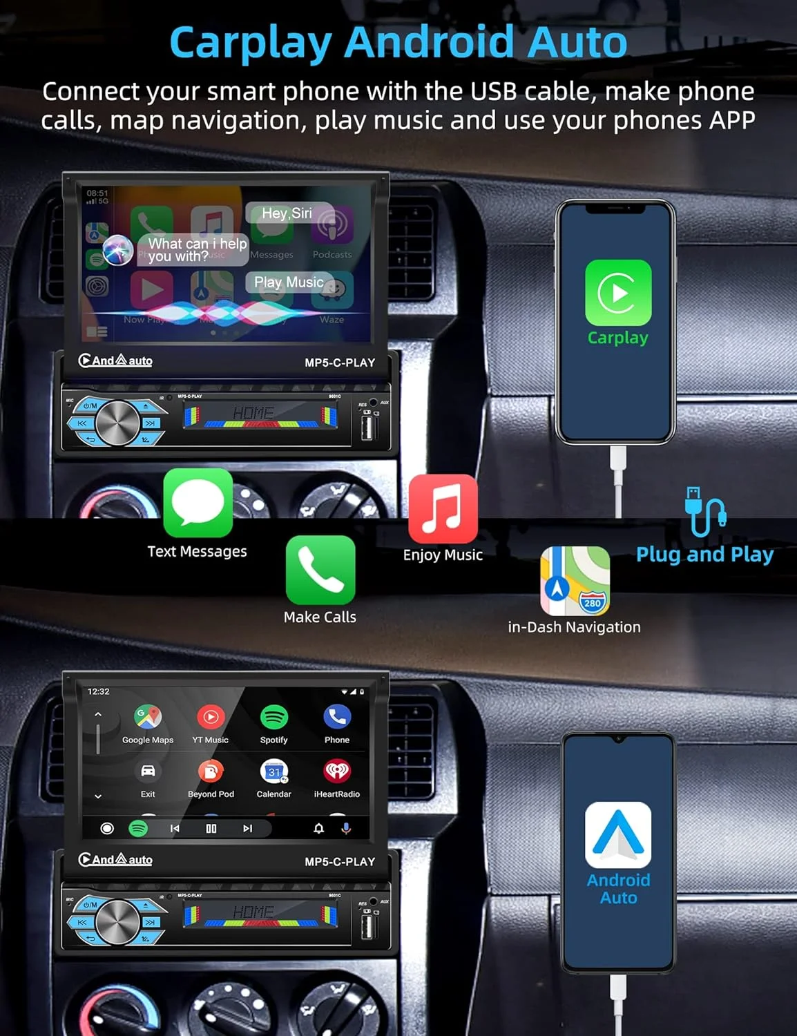 THONZER Carplay Car Stereo with Android Auto Bluetooth,7 Inch Flip Out Touchscreen Car Radio,Car Audio Receivers Support Phone Mirror Link,with FM Radio/Backup Camera/USB TF AUX-in Port