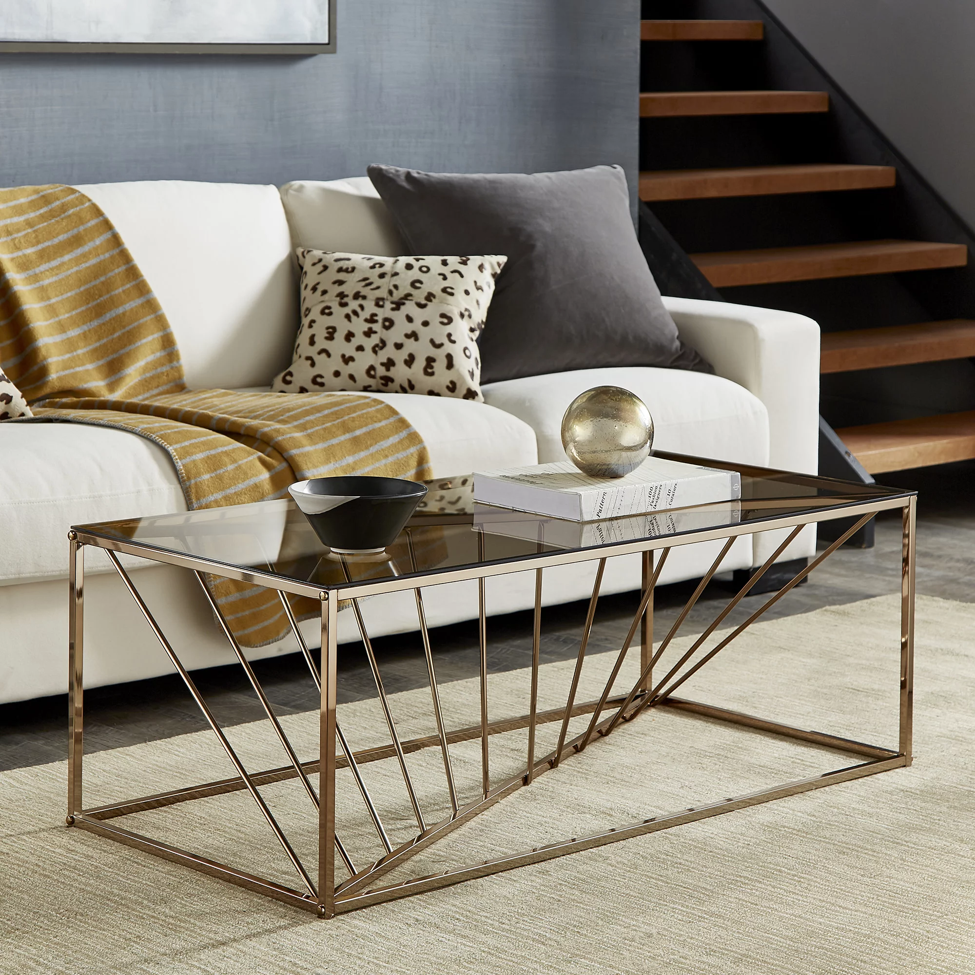 Weston Home Anna Rectangular Metal and Glass Top Coffee Table, Champagne Gold