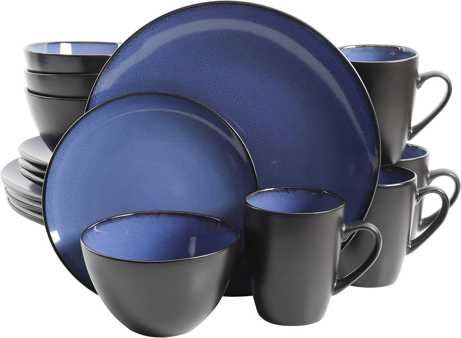 Round Reactive Glaze Stoneware Dinnerware Set, Service for 4 (16pc), Blue, Soho Round.