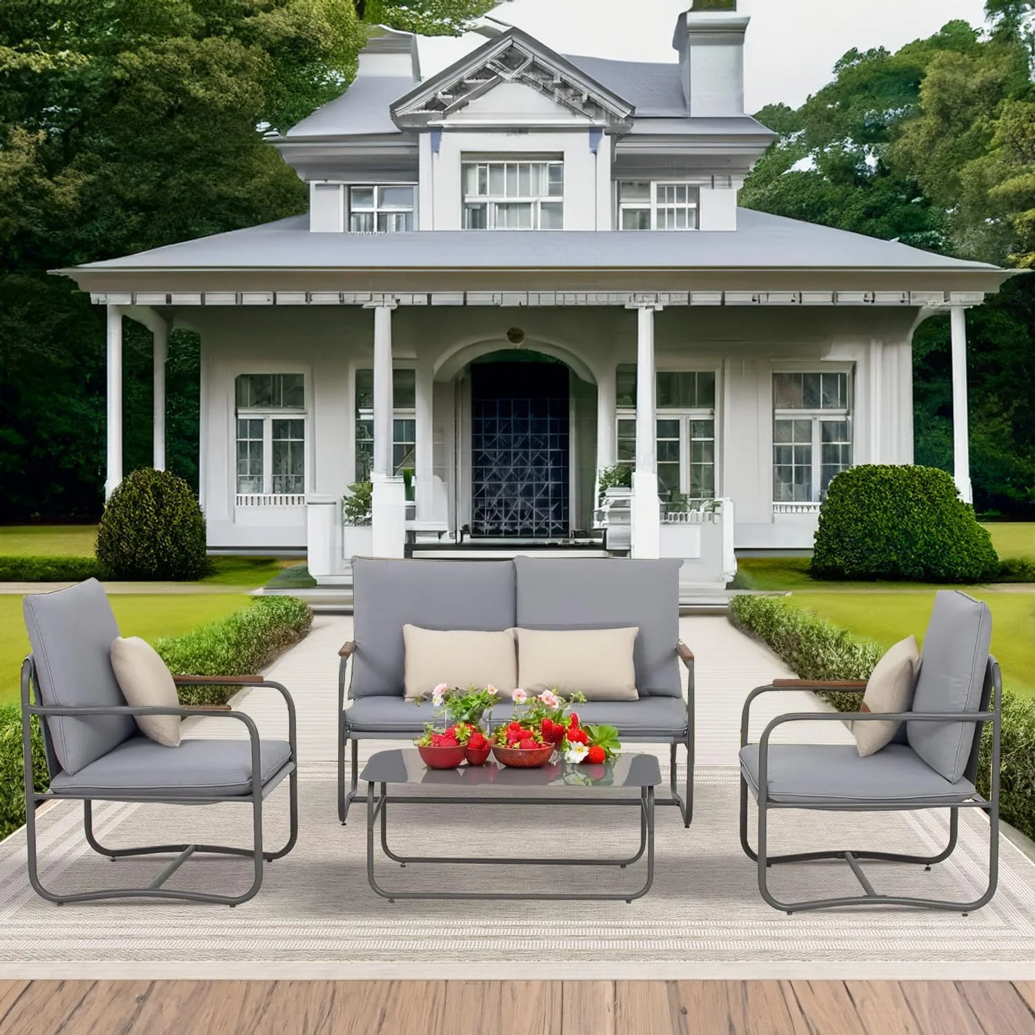 CozyHom 4 PCS Outdoor Patio Metal Furniture Conversation Sets with Coffee Table and 4-inch Cushion, Light Grey