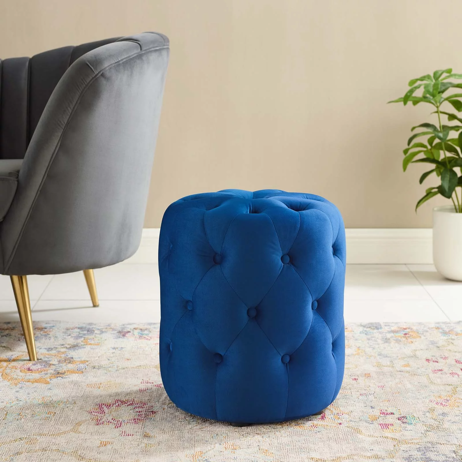 Modway Amour Tufted Button Round Performance Velvet Ottoman in Navy