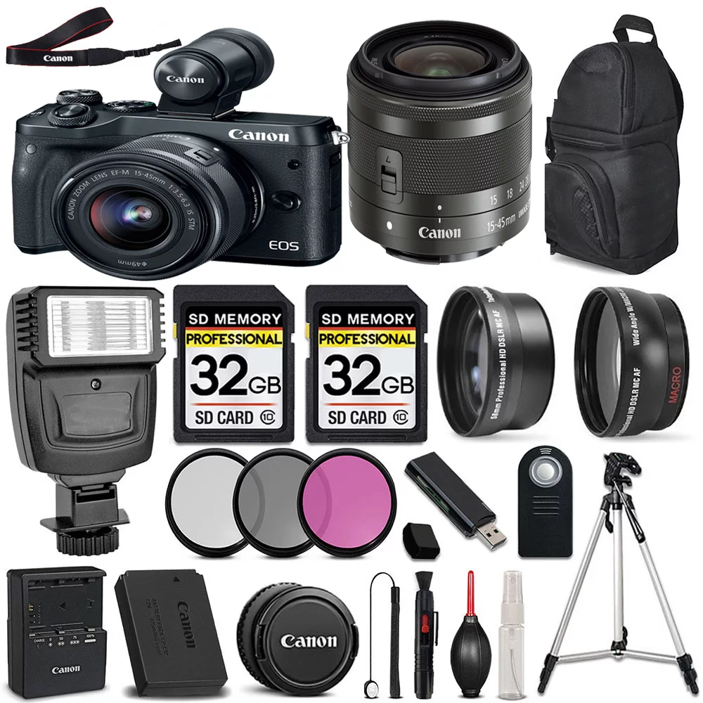 Canon EOS M6 II DSLR Camera + Canon EF-M 15-45mm f/3.5-5.6 IS STM Lens + EVF-DC2 ViewFinder + 64GB Storage + 3PC FILTER KIT - All Original Accessories Included - International Version