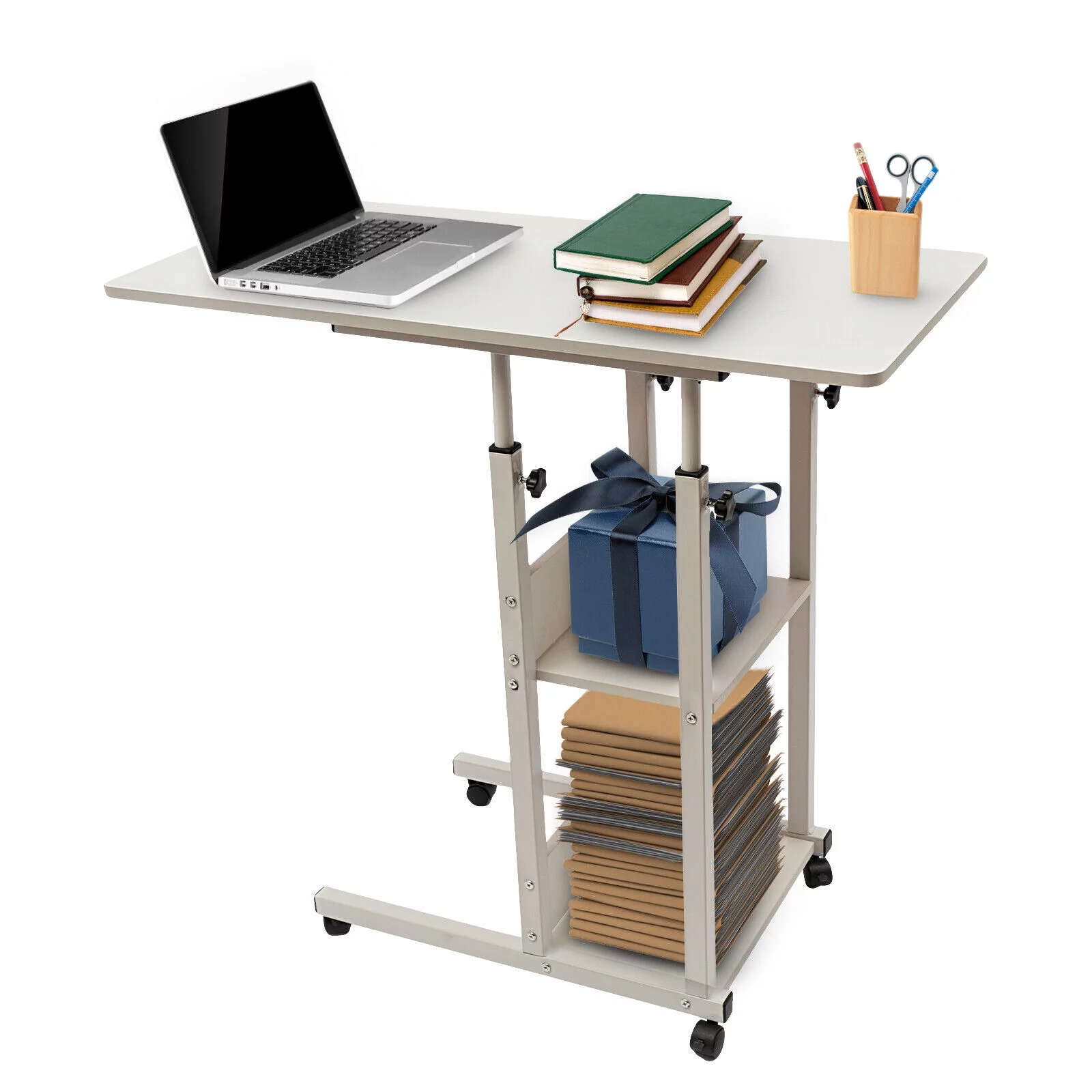 C Shaped Height Adjustable Chair Side Table TV Tray Laptop Desk Sofa Bed W/Wheel