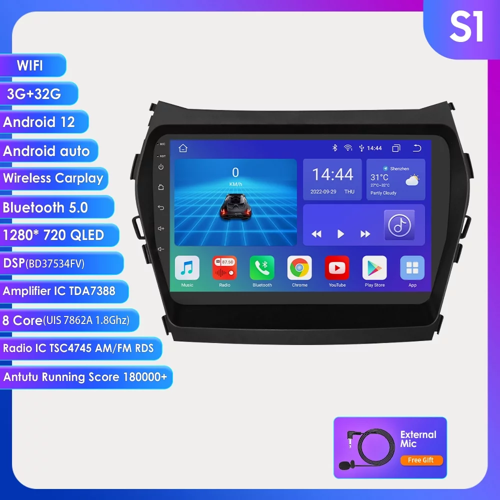 Bluetooth Android 12 Carplay 32GB Double 2 Din GPS Navigation Car Stereo Radio Player In Dash For 2013-2017 2016  Hyundai IX45 Santa Fe