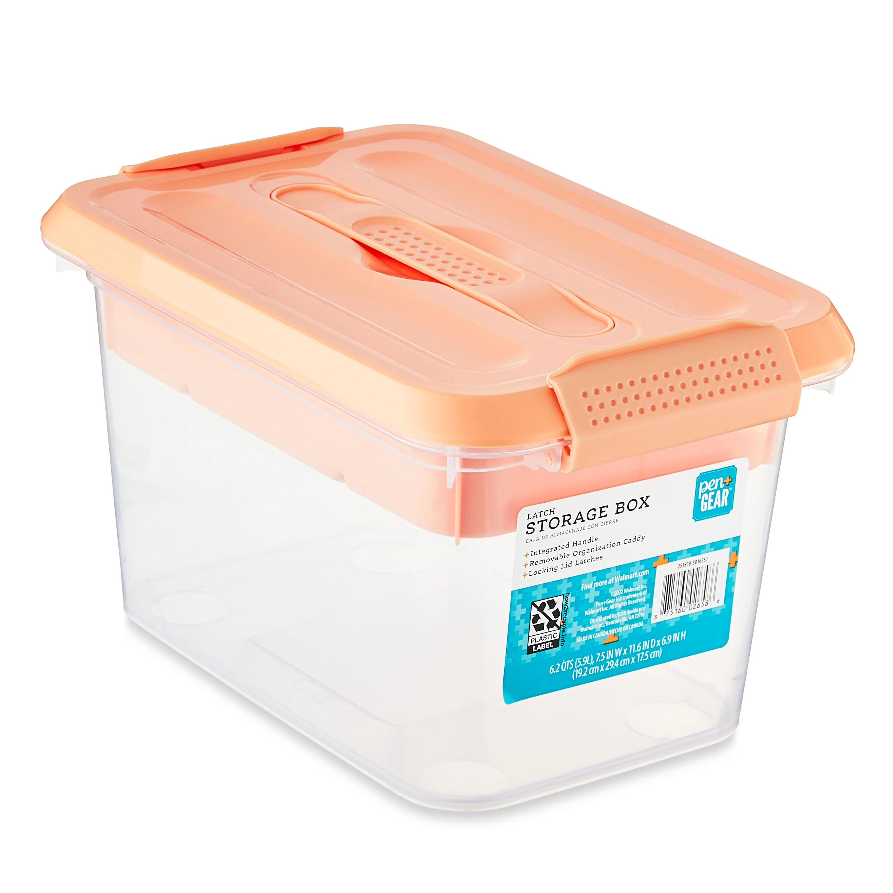 Pen + Gear 6.2-Quart Plastic Latch Storage Box File Organizer, Icy Peach