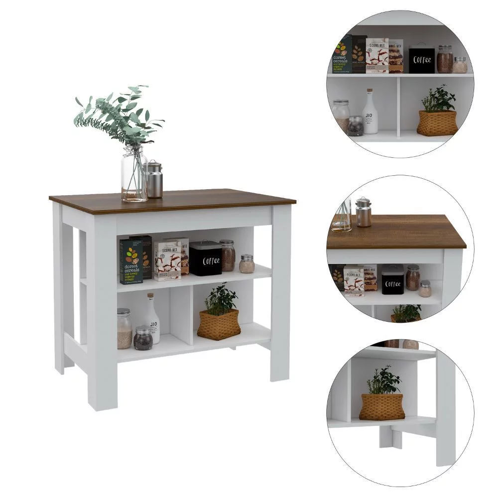 TUHOME Oslo 2-Piece Kitchen Set with Kicthen Island and Kitchen Cart, White/Walnut