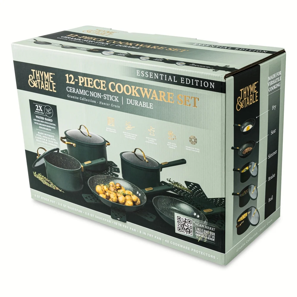 Thyme & Table 12-Piece Ceramic Non-Stick Cookware Set Granite Collection, Hunter Green