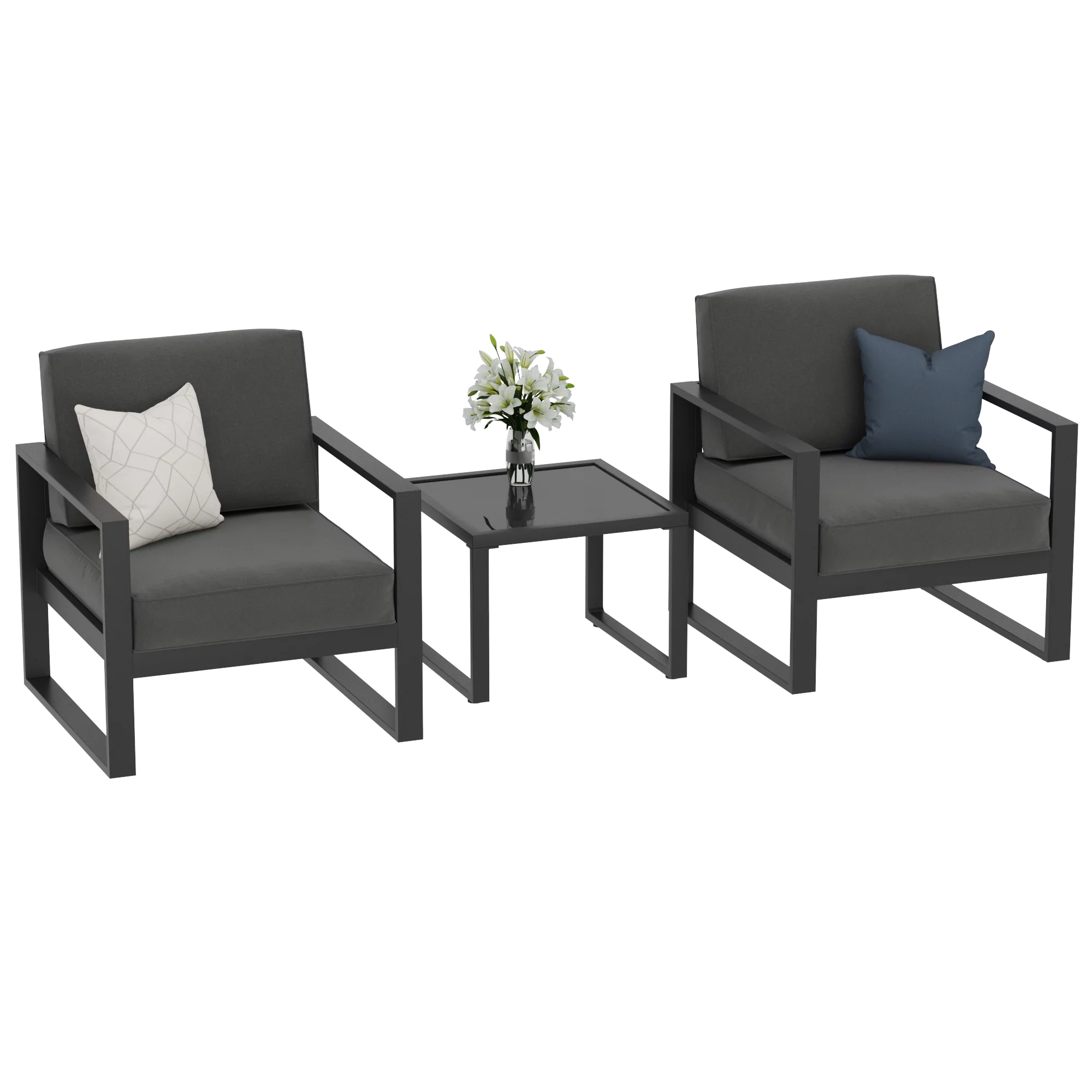 Cozyhom 3 Pcs Outdoor Patio Furniture Sets, Aluminum Patio Chairs Conversation Set With Coffee Table, With Removable, Water-Resistant Cushions, Gray