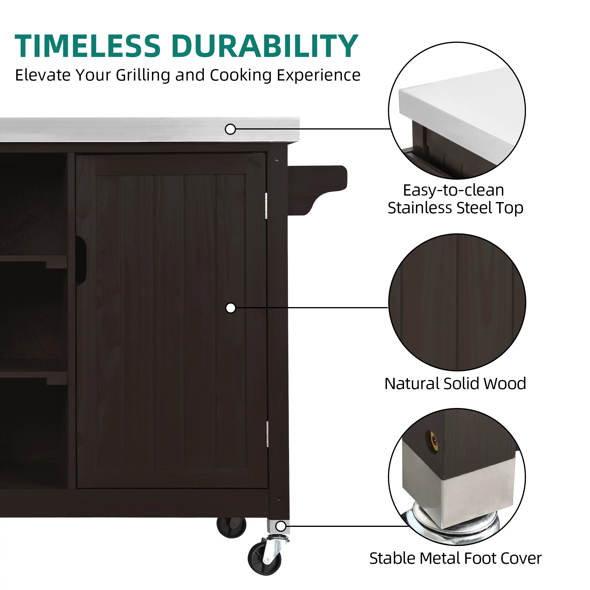 DWVO Outdoor Prep Table Grill Station, Solid Wood Movable Dining Cart Table, Dark Brown