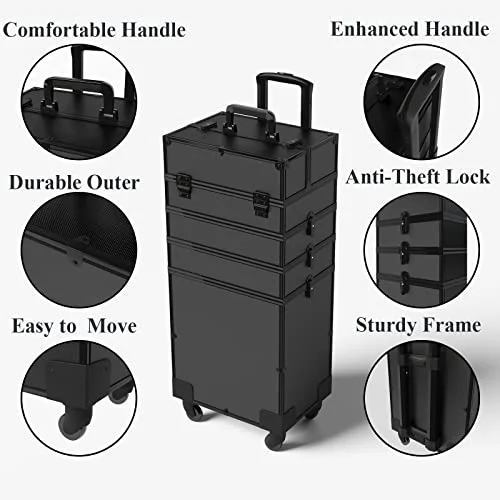 5 in 1 Rolling Makeup Train Case Professional Large Storage Cosmetic Trolley Makeup Organizer Makeup Travel Case with Key Swivel Wheels Salon Barber Case Traveling Cart Trunk, 32.7