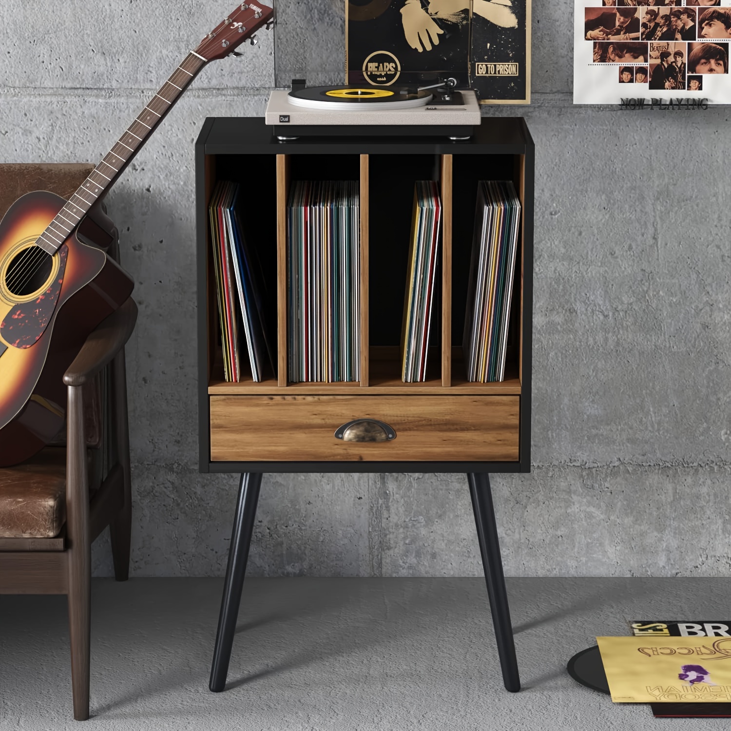 Record Storage with 4 Cabinet and Drawer, Modern Turntable Stand Mid-Century Record Player Table End Table with Wood Legs for Bedroom Living Room, Black