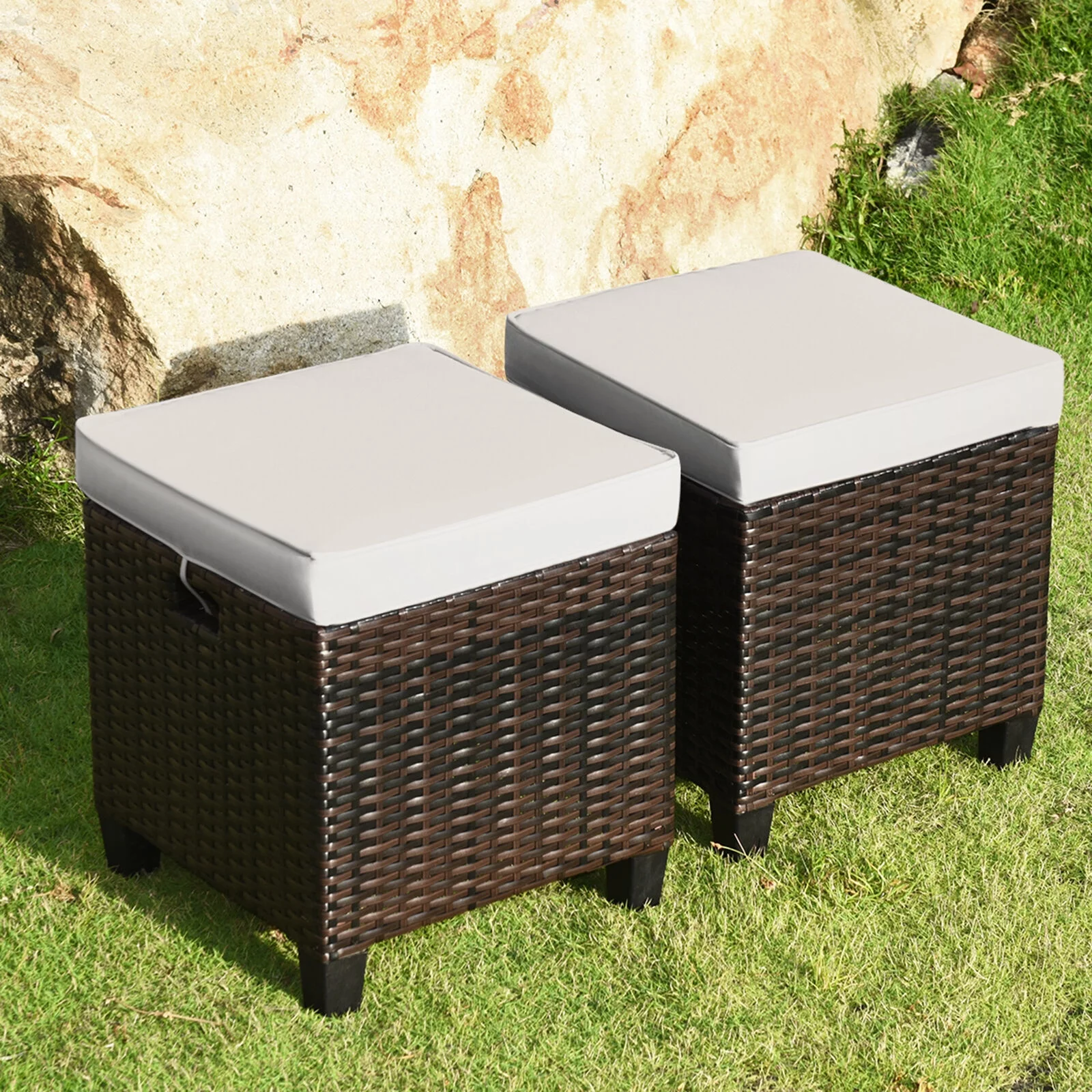 Set of 2 Patio Wicker Rattan Ottoman Footrests with Cushions - Outdoor Garden Furniture