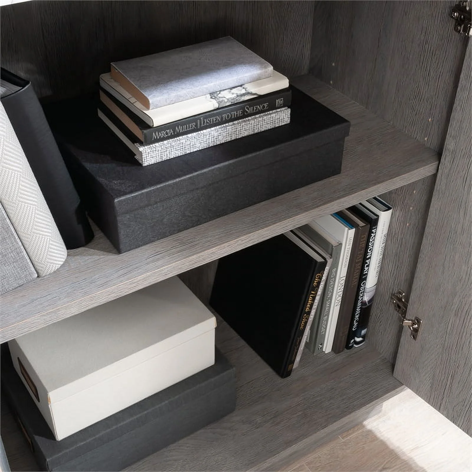 Pemberly Row Modern Engineered Wood Library in Ashen Oak Finish