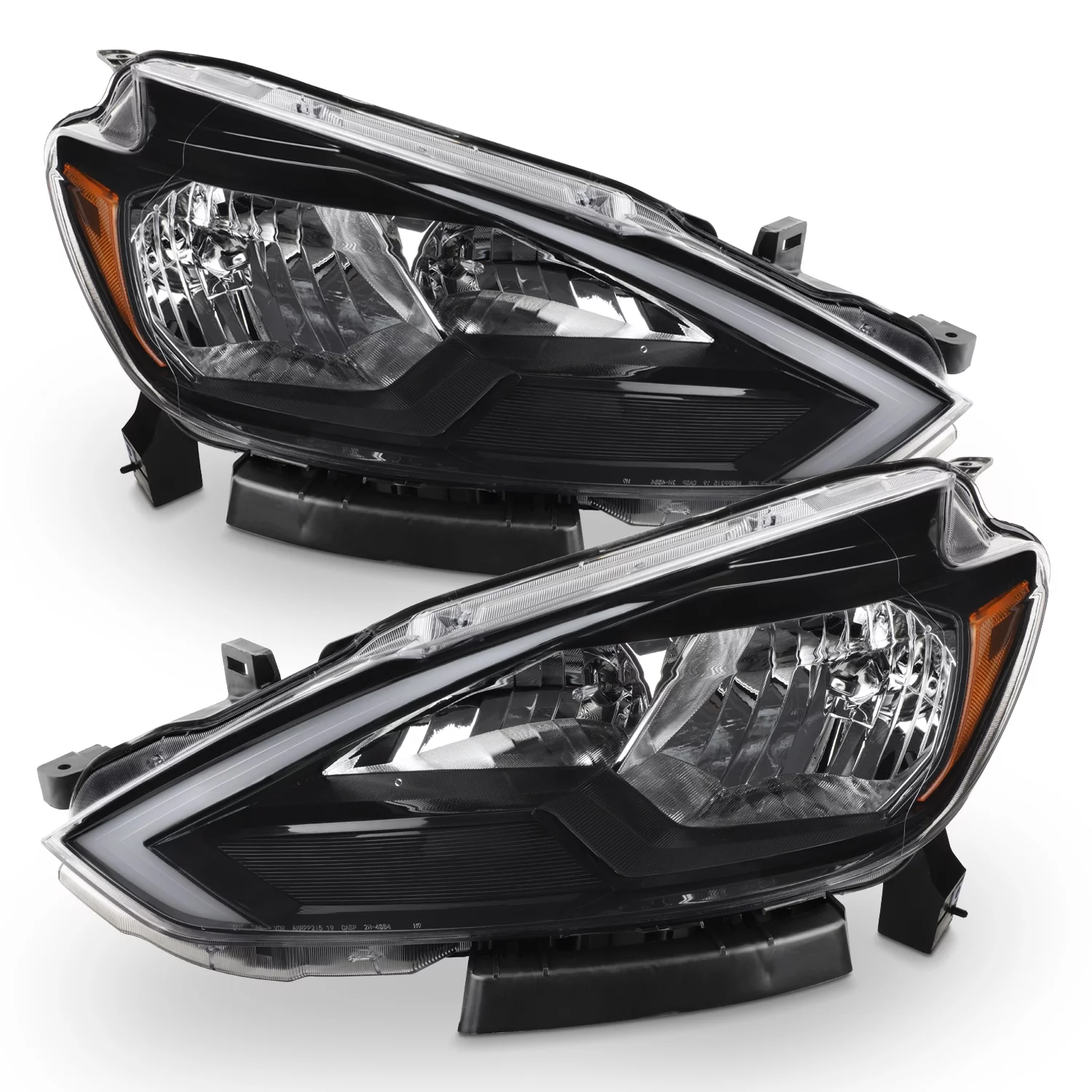 AKKON - Fits 2016-2019 Sentra LED Tube DRL Running Switchback Turn Signal [Halogen Type] Black Headlight Pair Left+Right