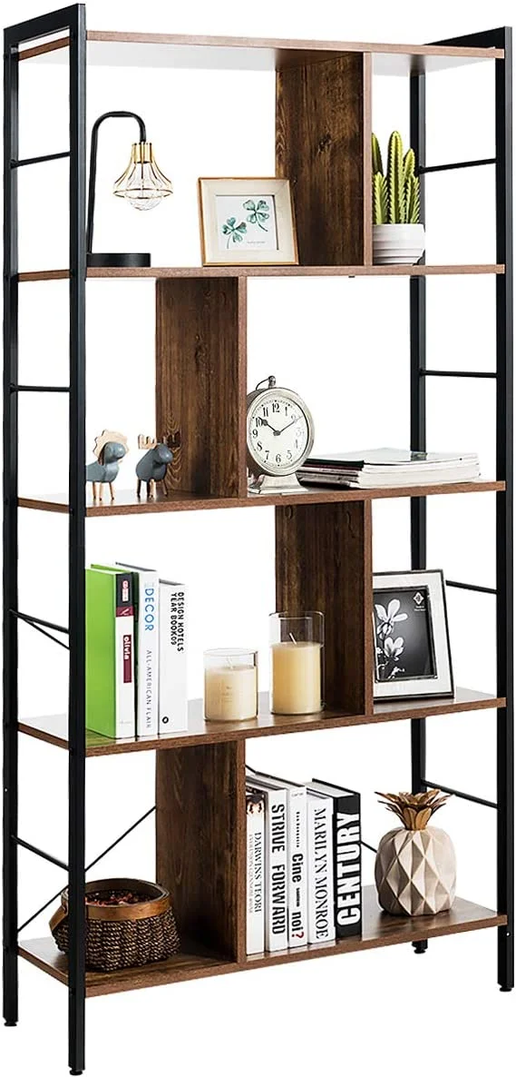 5-Tier Bookshelf, Industrial Style Bookcase with Metal Frame, Free Standing Storage Display Shelves, Home Office Study Storage Rack Shelves with Dividers, Wood Shelving Unit (Rustic Brown)