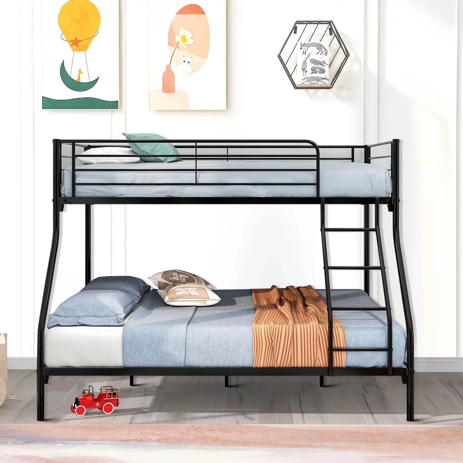 Twin-Over-Full Size Metal Bunk Bed wit Guardrail and Ladder