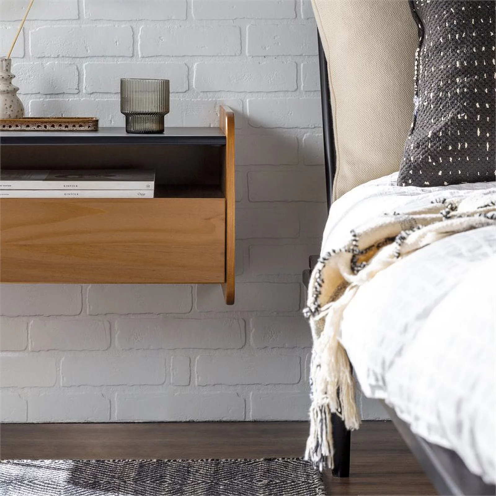 Carter Solid Wood Floating Bedroom Nightstand with Drawer in Caramel