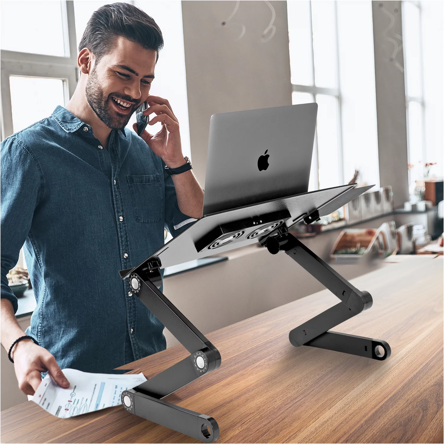 Mount-It! Adjustable Laptop Stand with Built-in USB Cooling Fan and Mouse Pad Tray, Black