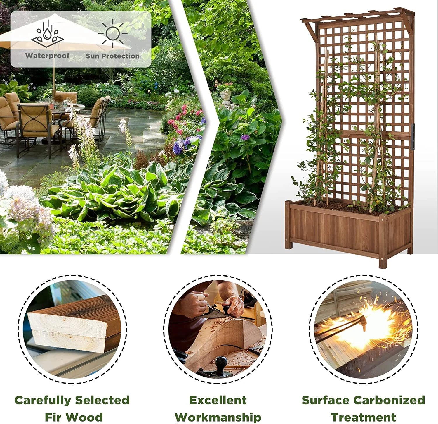 Wood Planter with Trellis Set of 2 Raised Bed Planting with 36 Inch Widen 72 inch Height Brown
