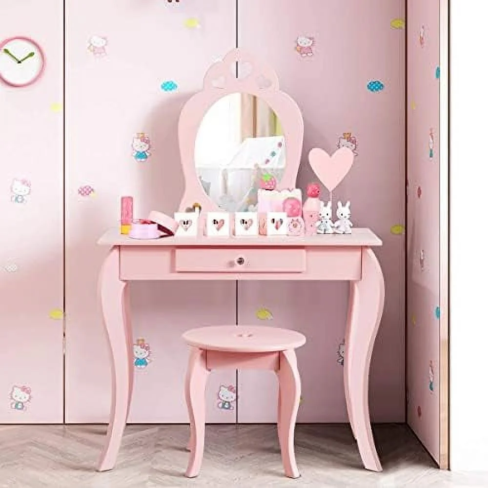CGFHYP Vanity Set with Mirror  Toddler Wooden Vanity Table with Stool & Drawer  Removable Top  Princess Pretend Play Beauty  Dressing Table Playset for Little Girls(White)