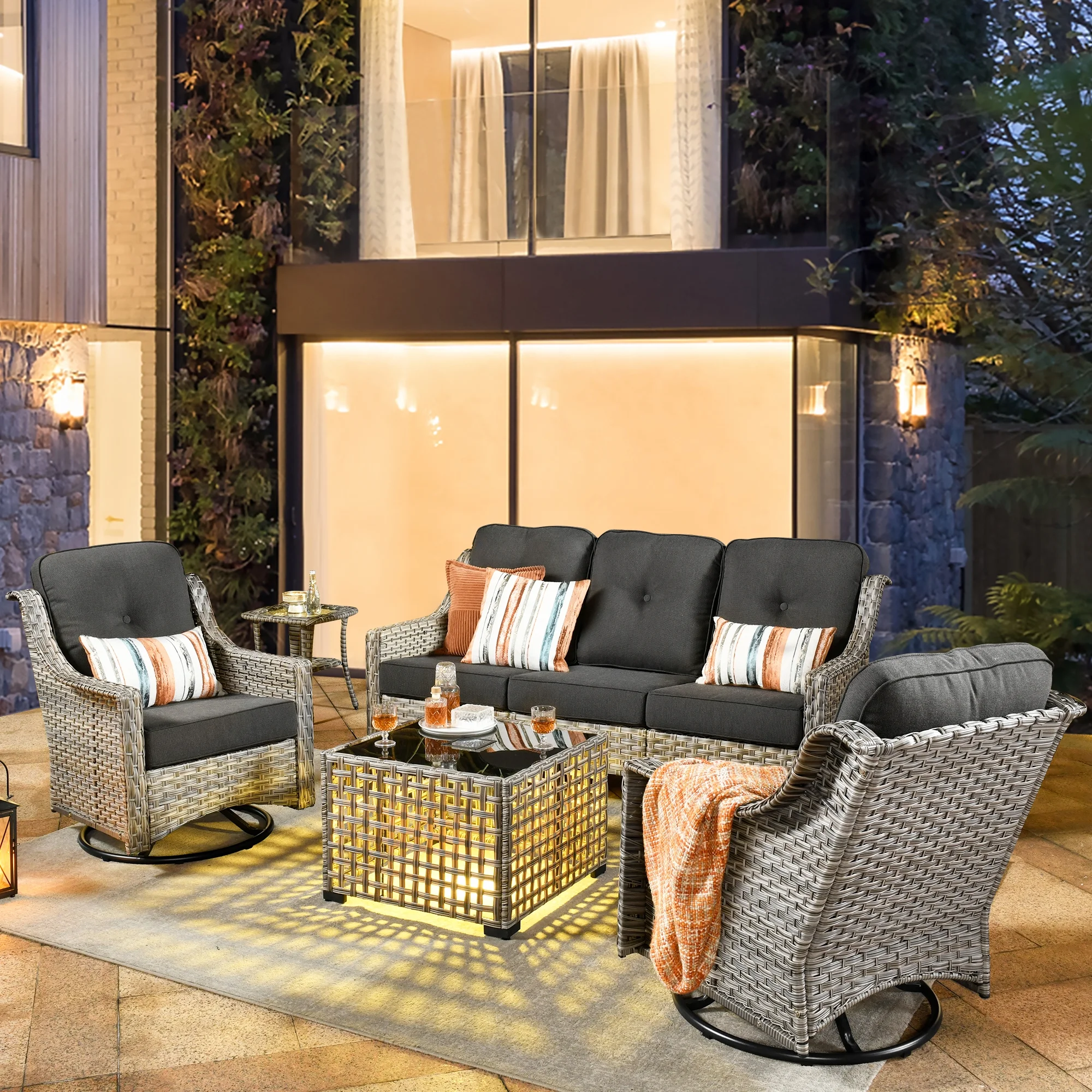 HOOOWOOO Outdoor Furniture Patio Furniture Set 5 Piece Patio Conversation Set with Solar Coffee Table,Swivel Rocking Chair,Side Table-Black