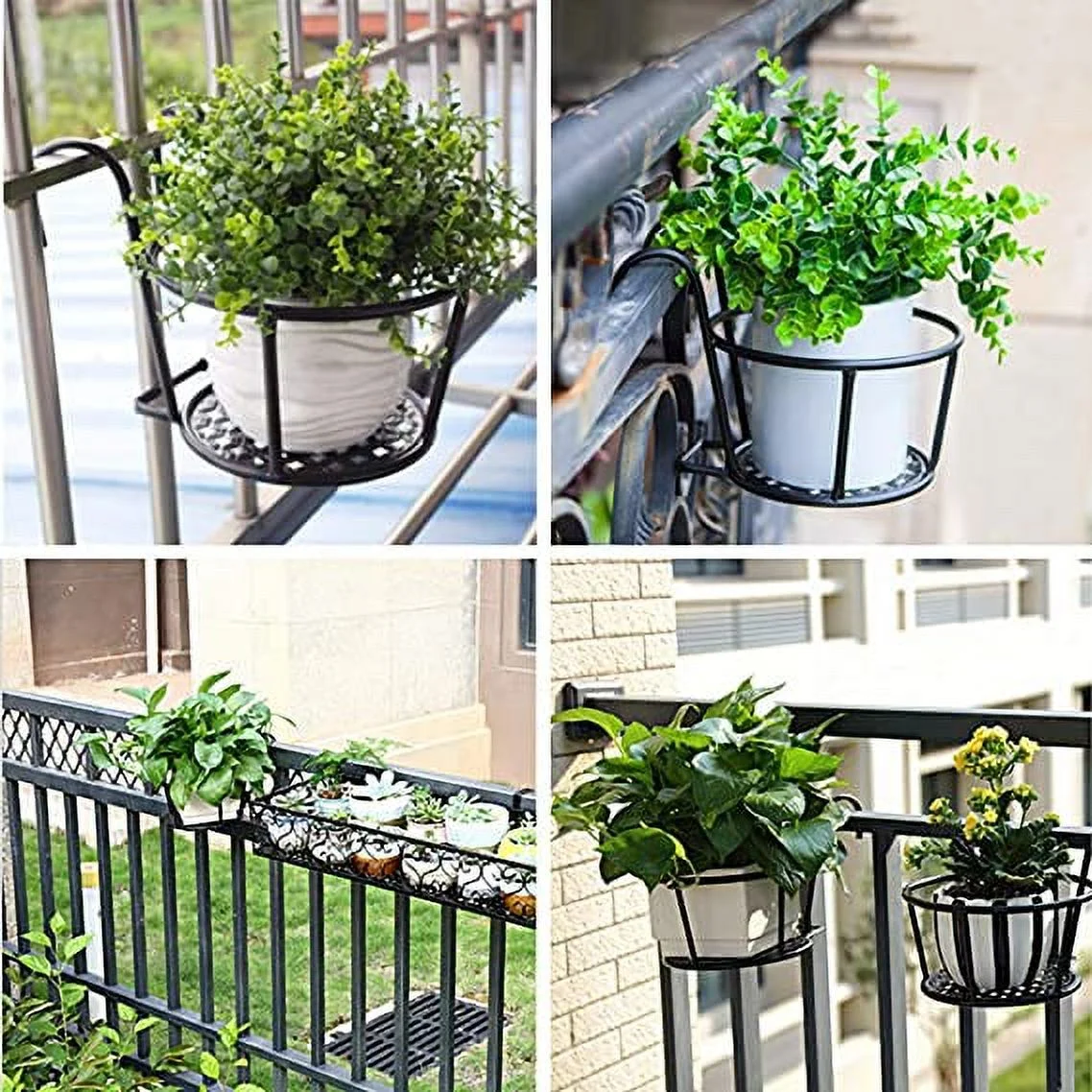 Namzi Hanging Railing Planter Iron Art Hanging Baskets Flower Pot Holder Hanger Over The Metal Fence Rail for Patio Balcony Porch or Fence Planters Assemble (Leaf, 2pcs Black)