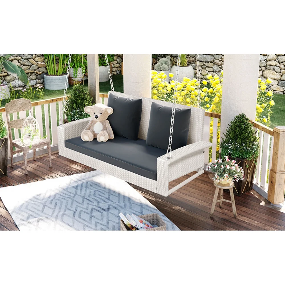 2-Person Wicker Hanging Porch Swing with Chains, Cushion, Pillow, Rattan Swing Bench for Garden, Backyard, Pond.