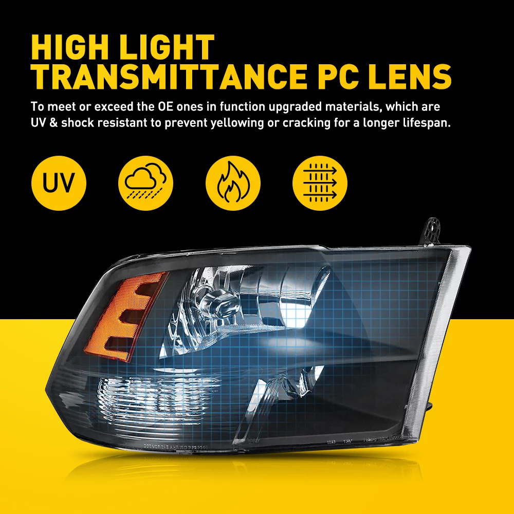 Headlight Assembly 2009-2018 Dodge Ram Quad 1500 2500 3500 Pickup Replacement Headlamp Black Housing Clear Lens