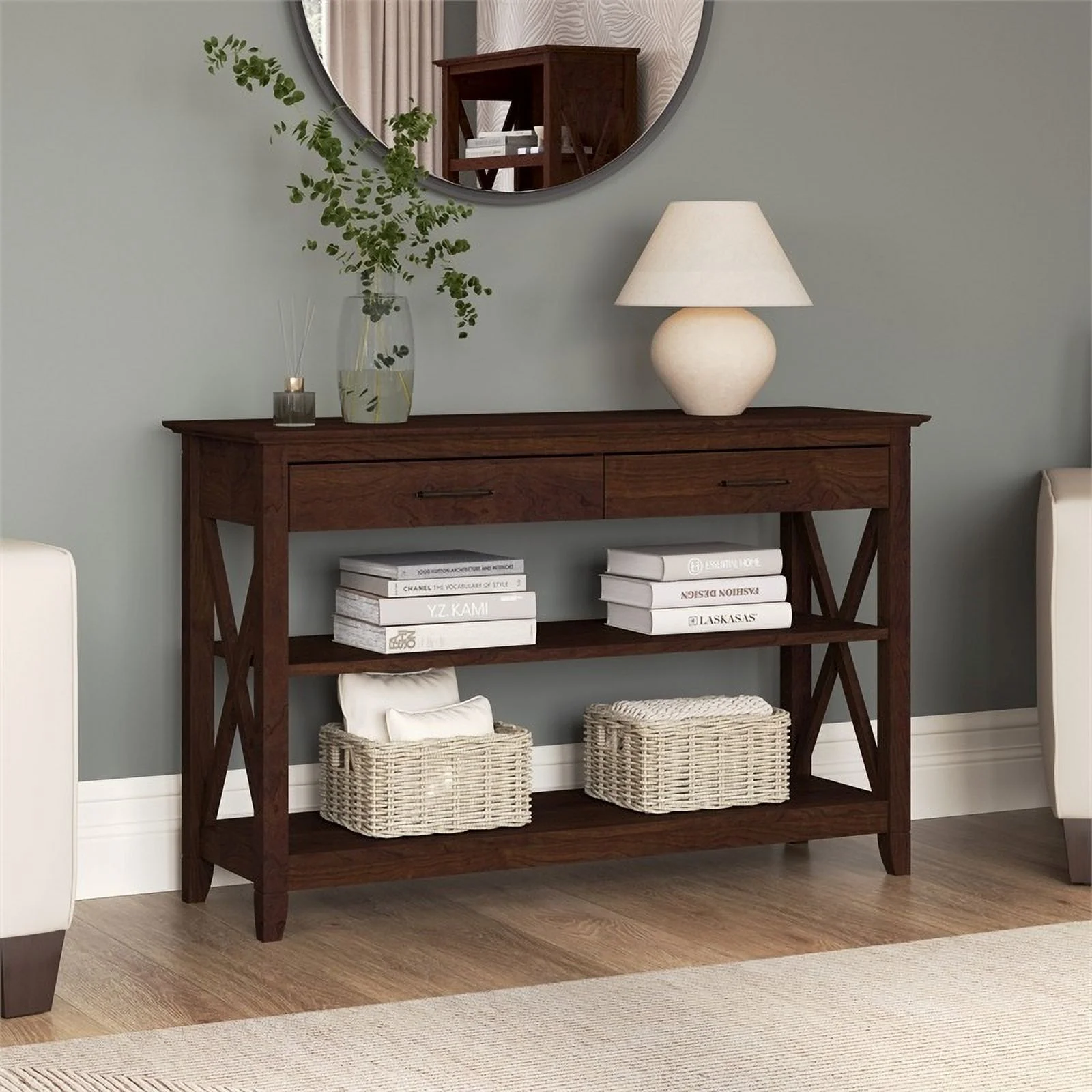 Pemberly Row Engineered Wood Console Table with Drawers and Shelves in Cherry