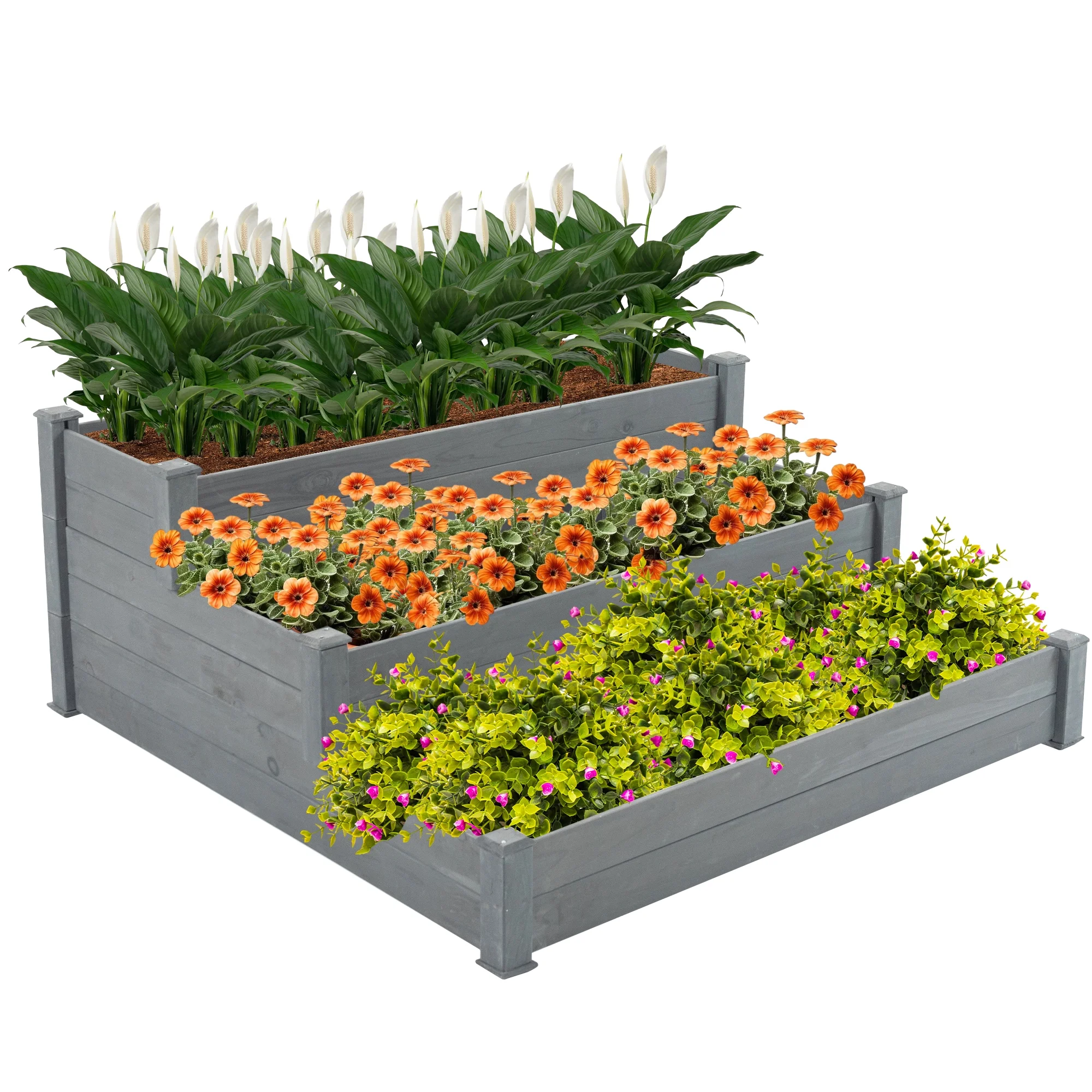 LZBEITEM 48.6 x 48.6 x 21in 3-Tier Fir Wood Raised Garden Bed Planter for Outdoor Gardening and Planting, Ideal for Vegetables and Plants, Gray