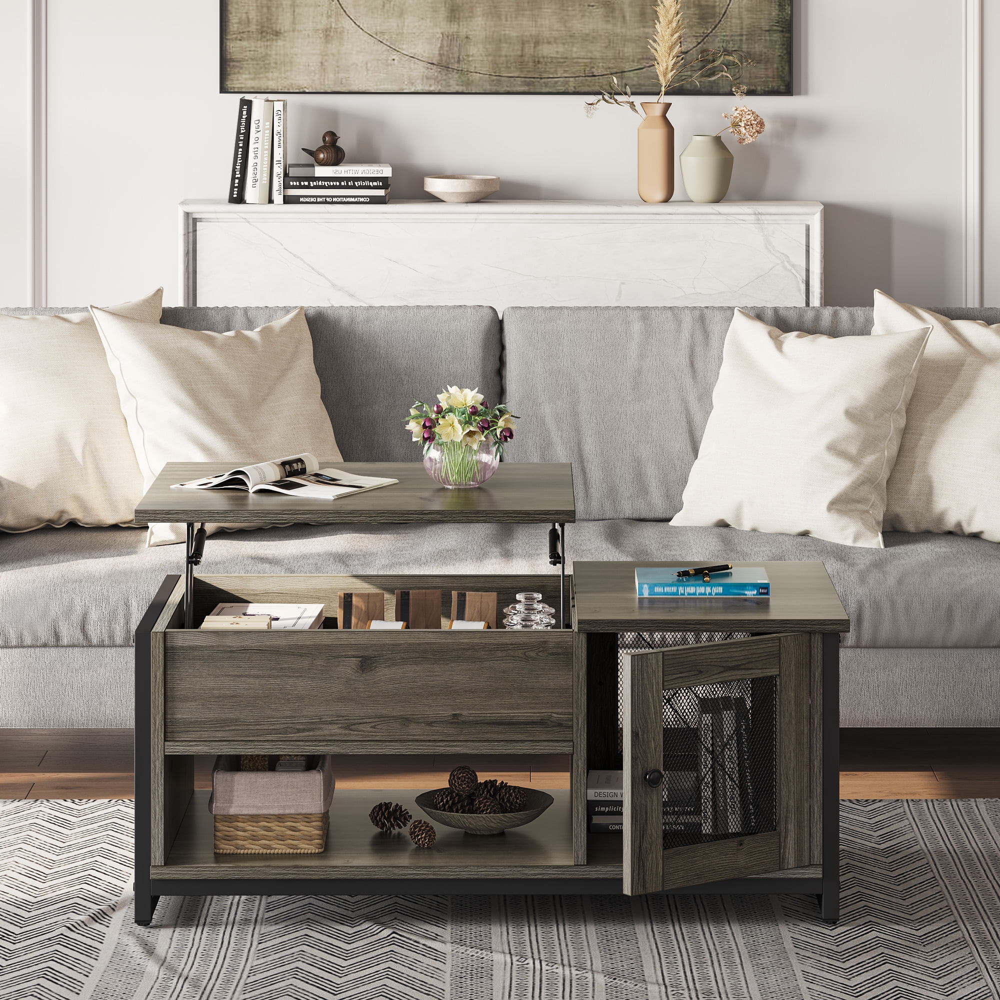 Dextrus Lift Top Coffee Tables with Storage, Double Doors Wood Cocktail Table for Living Room, Gray Wash