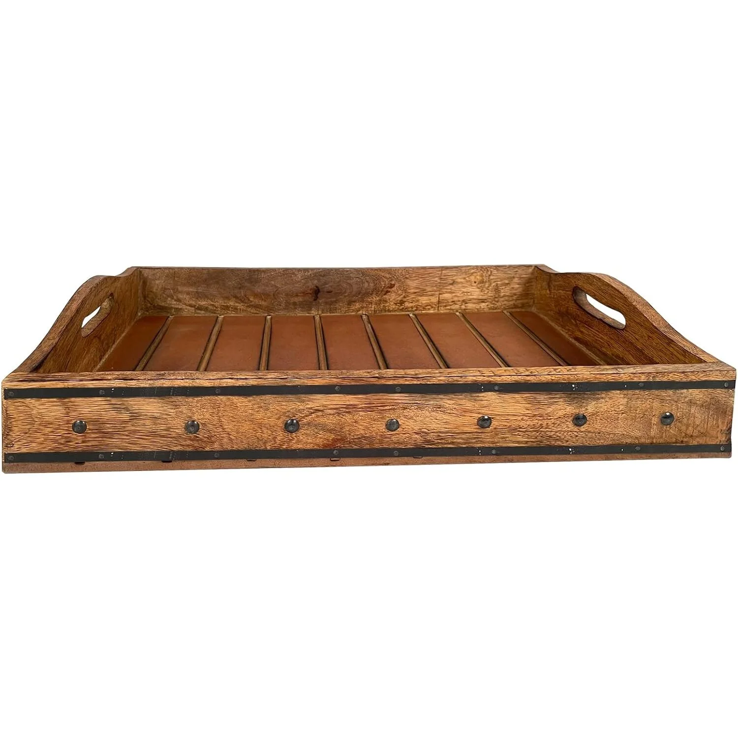 The Urban Port 18 Inch Handcrafted Rectangular Mango Wood Decorative Serving Tray, Rivet Accents, Metal Trim, Natural Brown