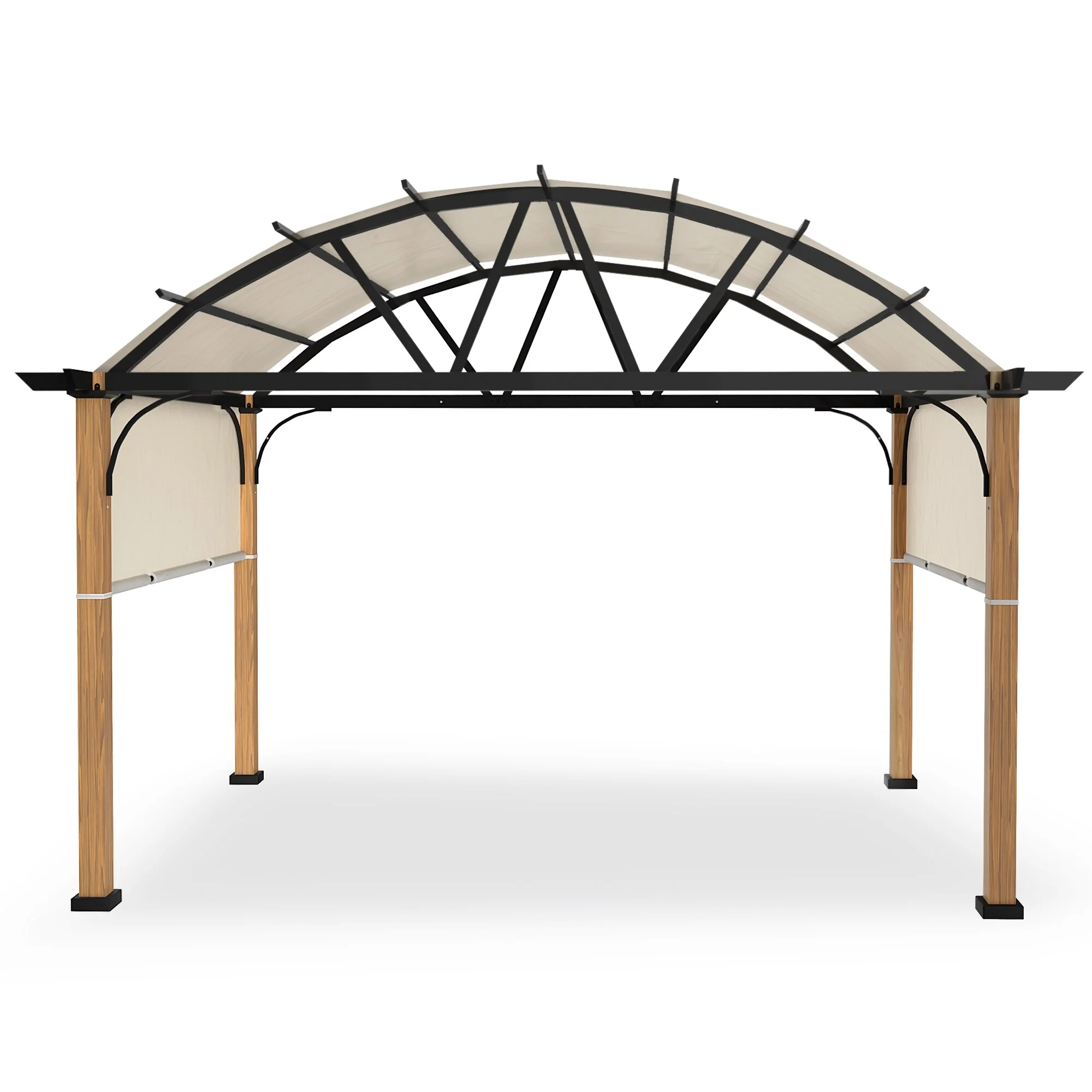 10 ft. x 13 ft. Wood Grain Aluminum Outdoor Pergola with Arched Canopy and Beige Retractable Shade