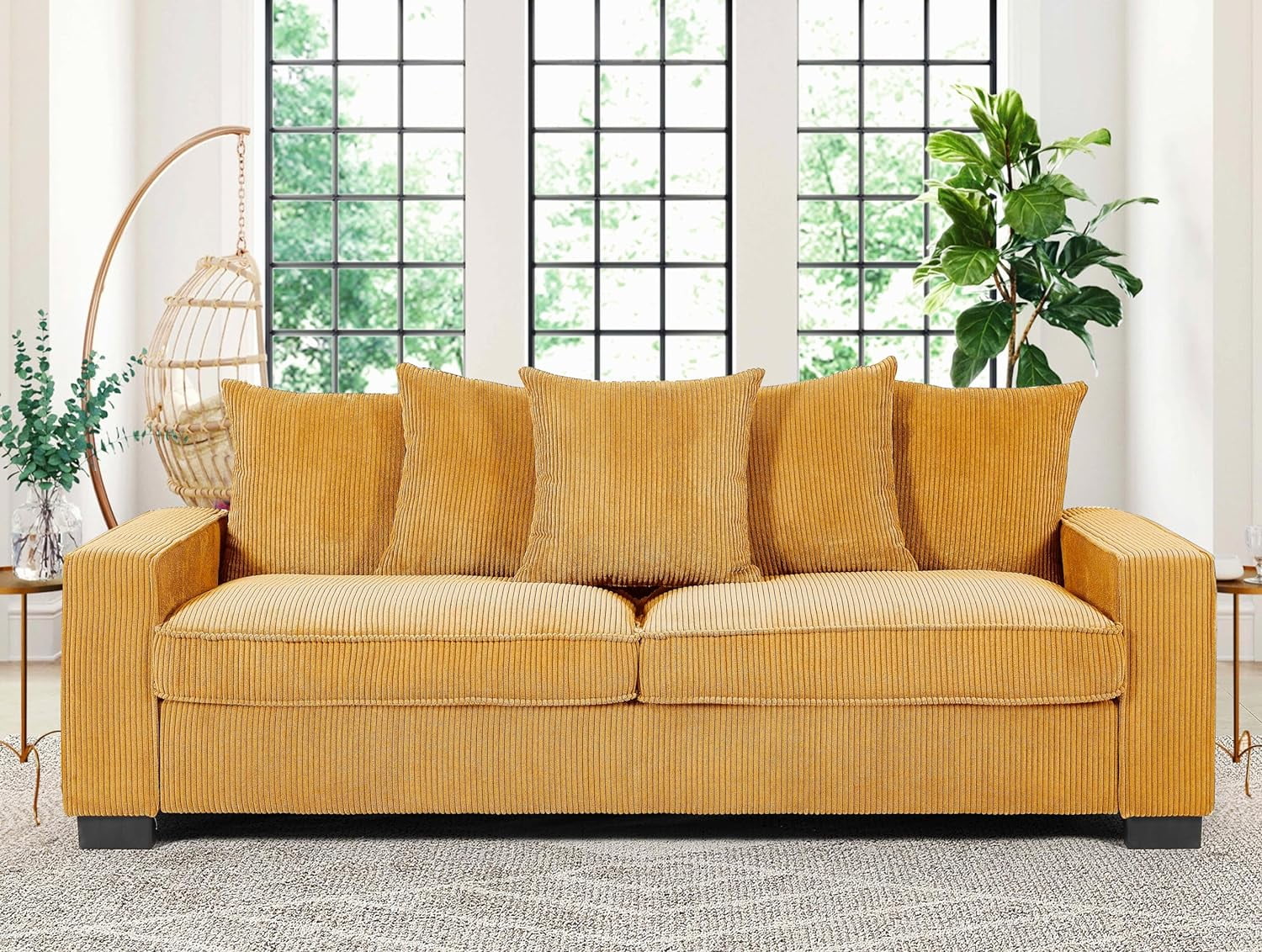 Uspridefurniture Luxe Corduroy Sofa with 5 Matching Toss Pillows, Sleek Design, Spacious and Comfortable 3 Seater Couch for Modern Living Room,Yellow