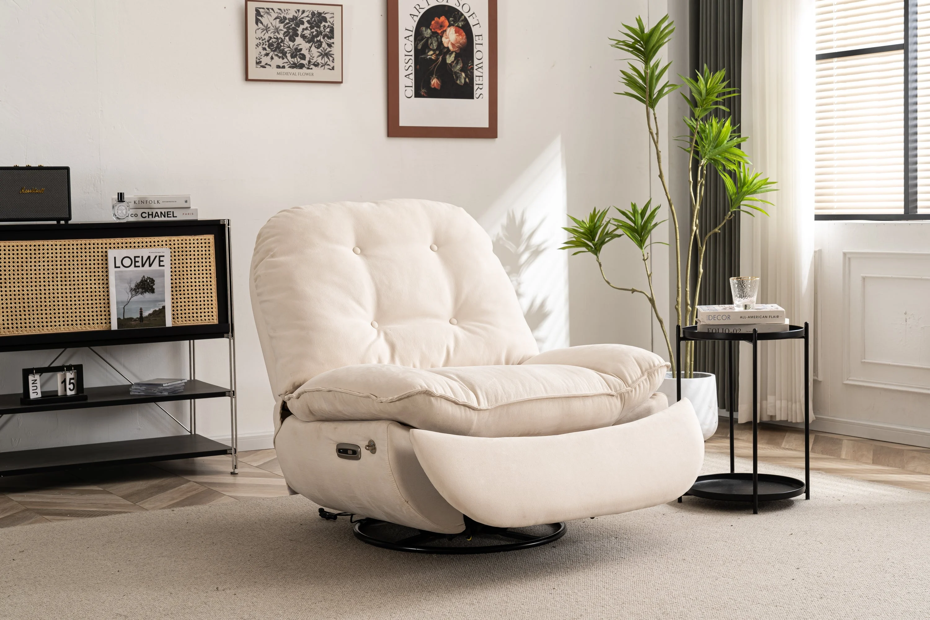 Clara Power Linen Recliner Swivel Glider USB Charger with Bluetooth  - Cream
