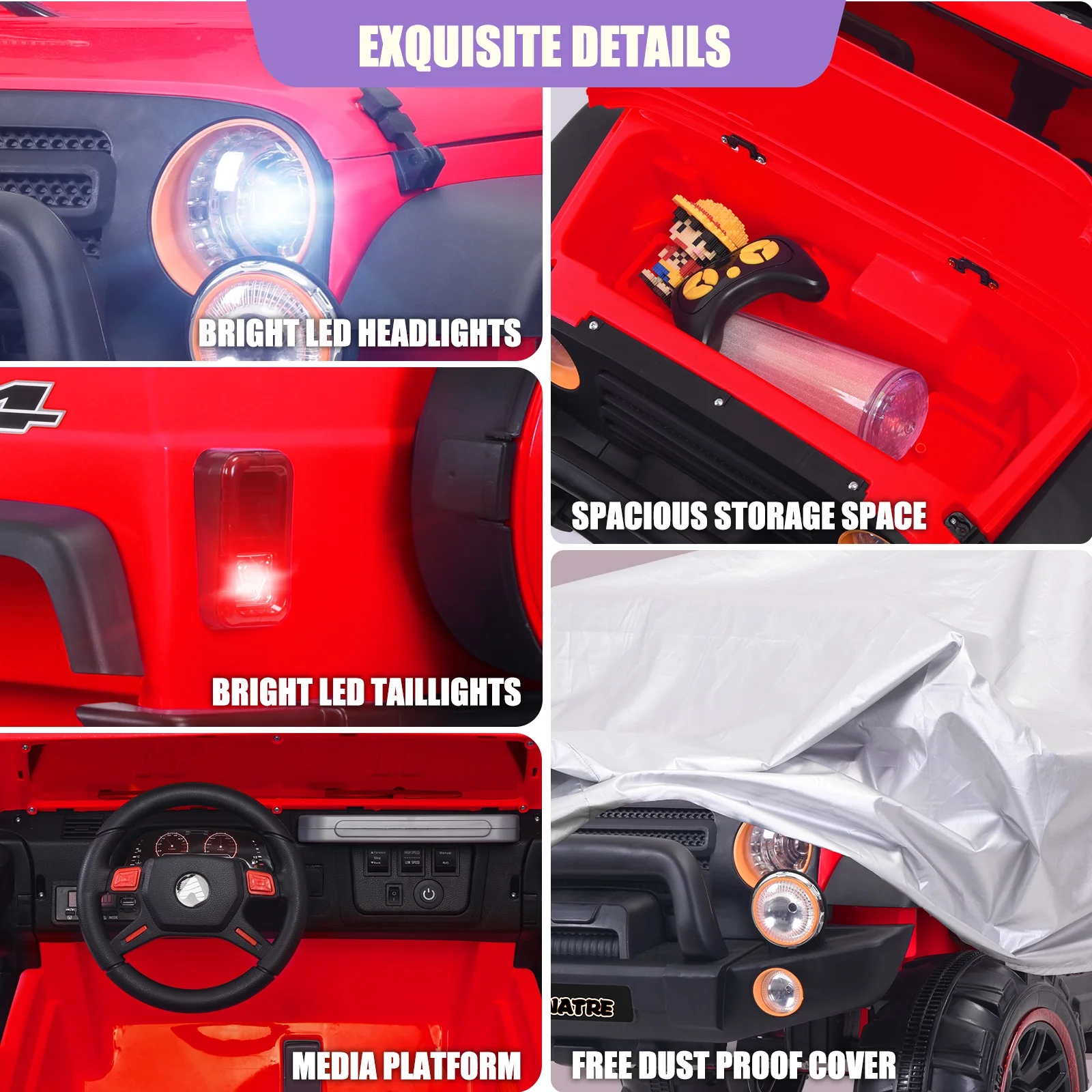 JOINATRE 24V 2 Seater Kids Ride On Truck with Car Cover, 4WD Battery Powered Electric Car with Remote Control, 3 Speed, Soft Braking, LED Lights, Music, Spring Suspension, Red