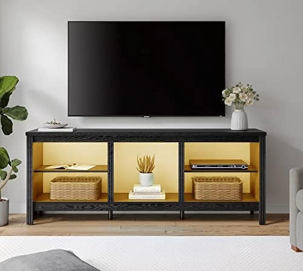 CGFHYP TV Stand for 75 Inch TV with 16 Color RGB LED Light  Wood Entertainment Center with 5 Cubby  Black TV Console Table Television Stands for Living Room Bedroom  70\u2018\u2019