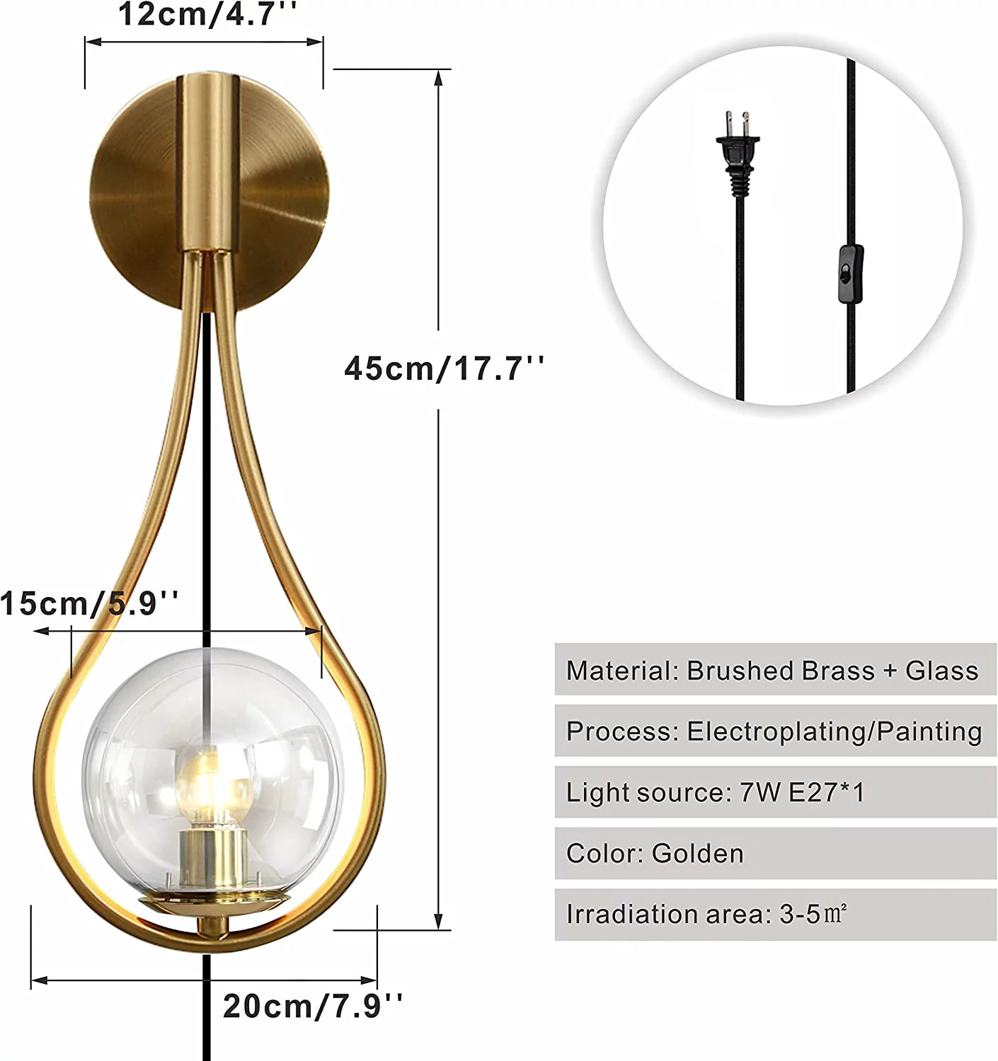HYUN Set of 2 Plug in Modern Gold Wall Sconces Mid Century Clear Globe Wall Lamps Simple Creative Living Room Wall Light Fixtures for Bedroom, Corridor, Mirror Front