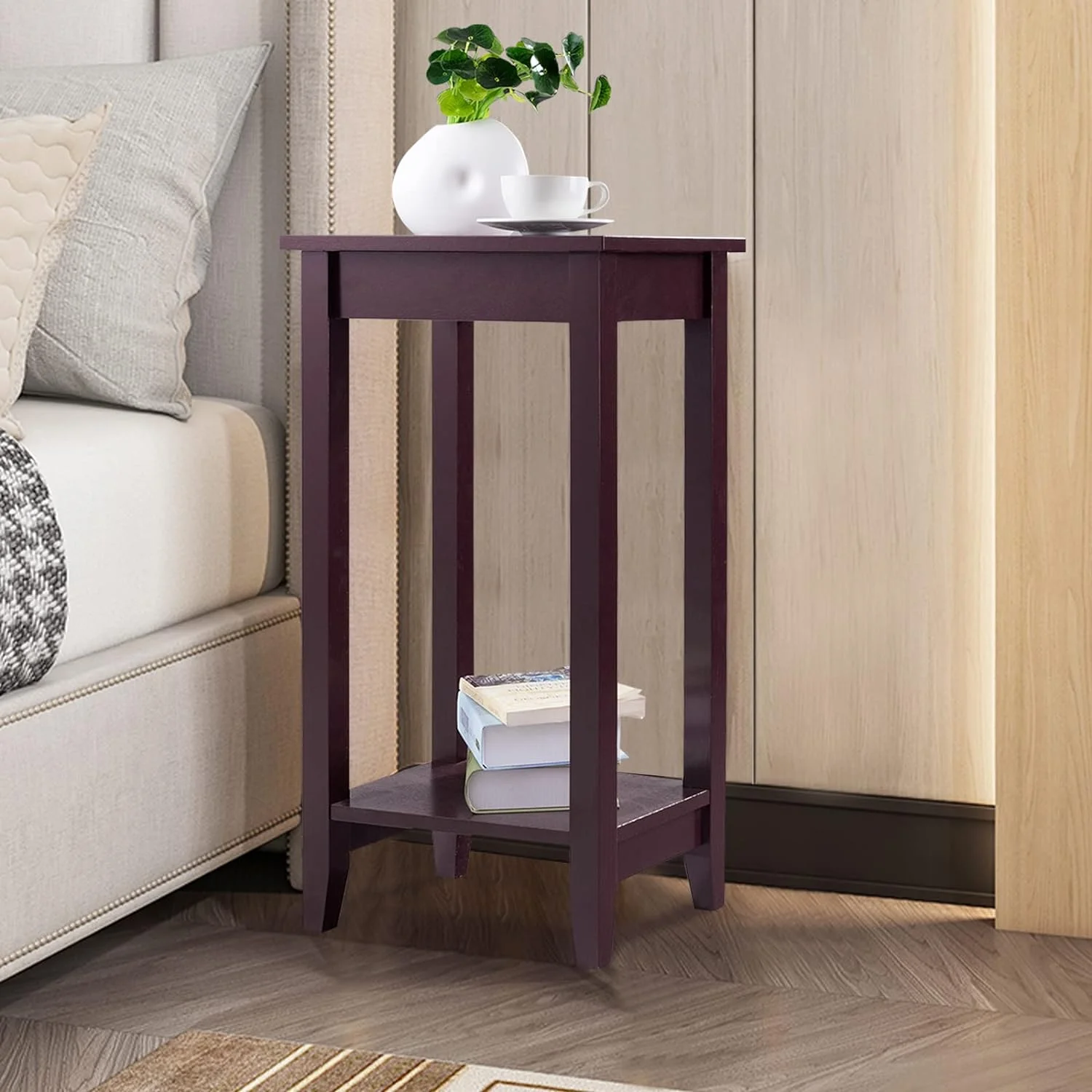 2-Tier End Table Nightstand, Bedside Sofa Table for Living Room Bedroom, Narrow Telephone Table with Shelf and Legs for Small Spaces, Espresso