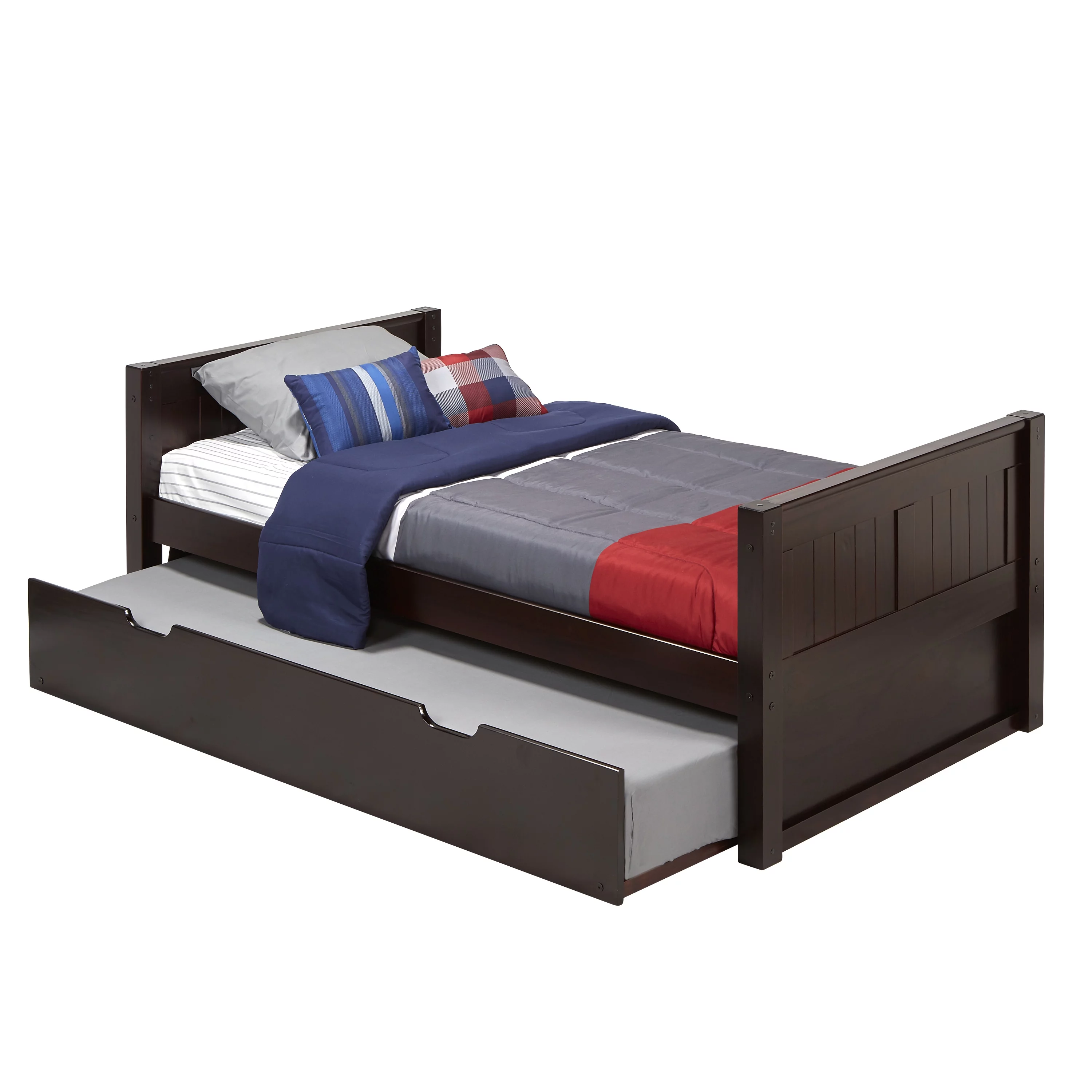 Camaflexi Twin Size Platform Bed with Twin Trundle - Panel Headboard - Cappuccino Finish