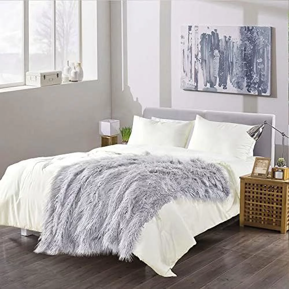 Mongolian Fluffy Faux Fur Throw, Silver Cloud, 50