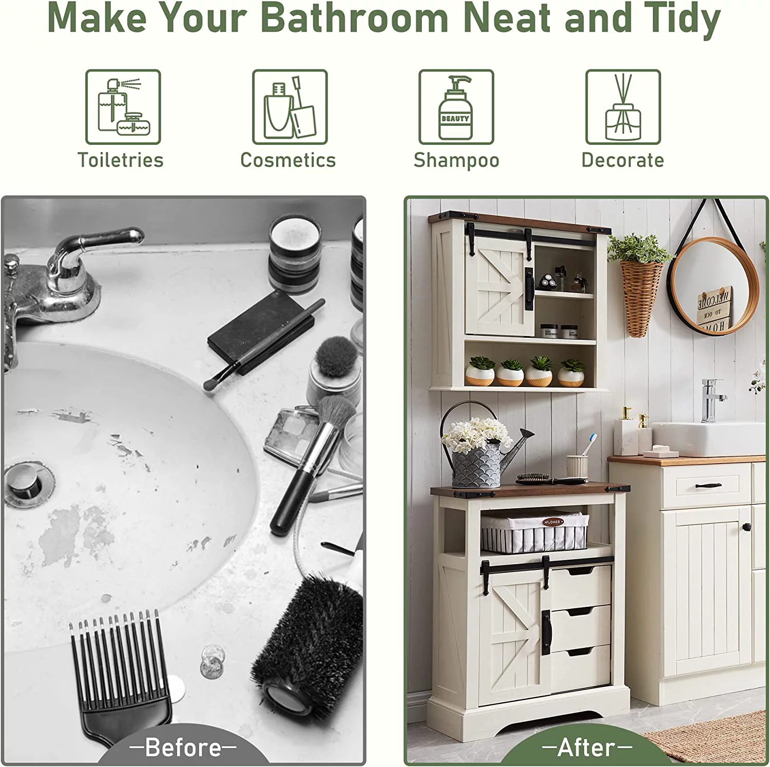 Bathroom Floor Cabinet, Farmhouse Storage Cabinet with Sliding Barn Door & Storage Drawers, Small Storage Cabinet for Bathroom, Kitchen, Living Room, Rustic Oak with Antique White