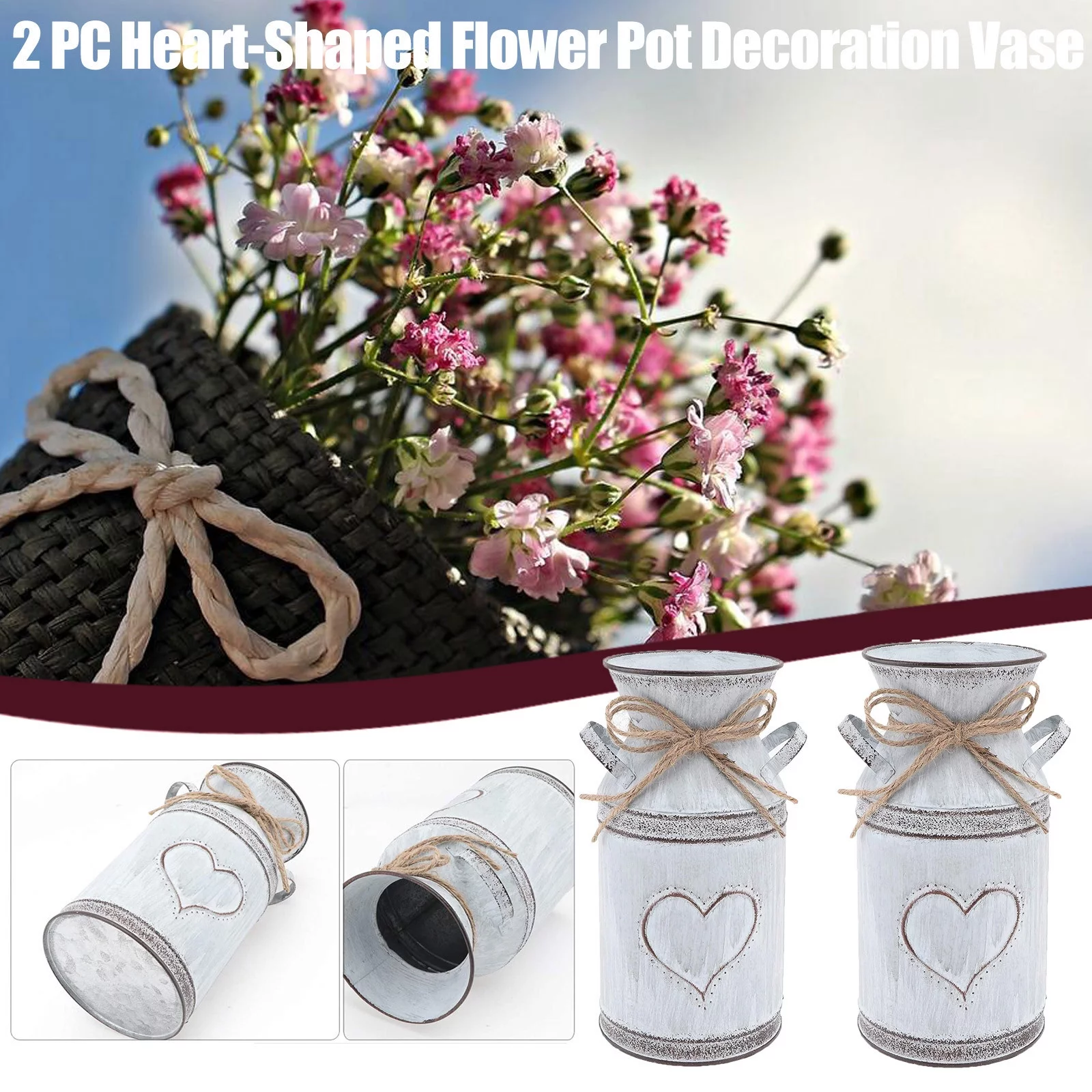 qolami 2Pcs Heart Shaped Flower Pot, Galvanized Sheet Big Mouth Flower Bucket Plant Vase Holder Flower Arrangement Decoration with Handles Hemp Rope