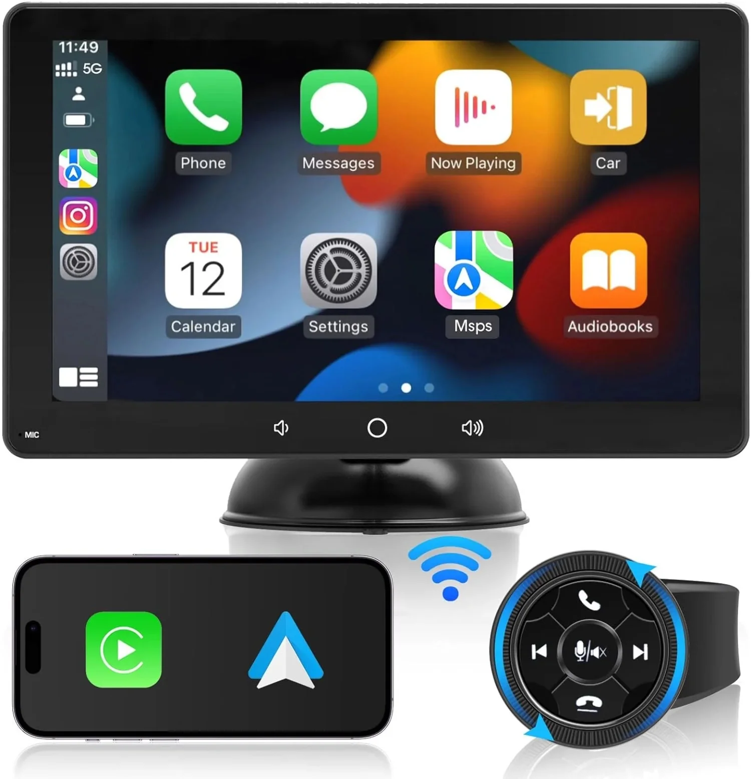 Wireless CarPlay Android Auto Screen - Portable Dash Mount Bluetooth Car Stereo, 7-inch