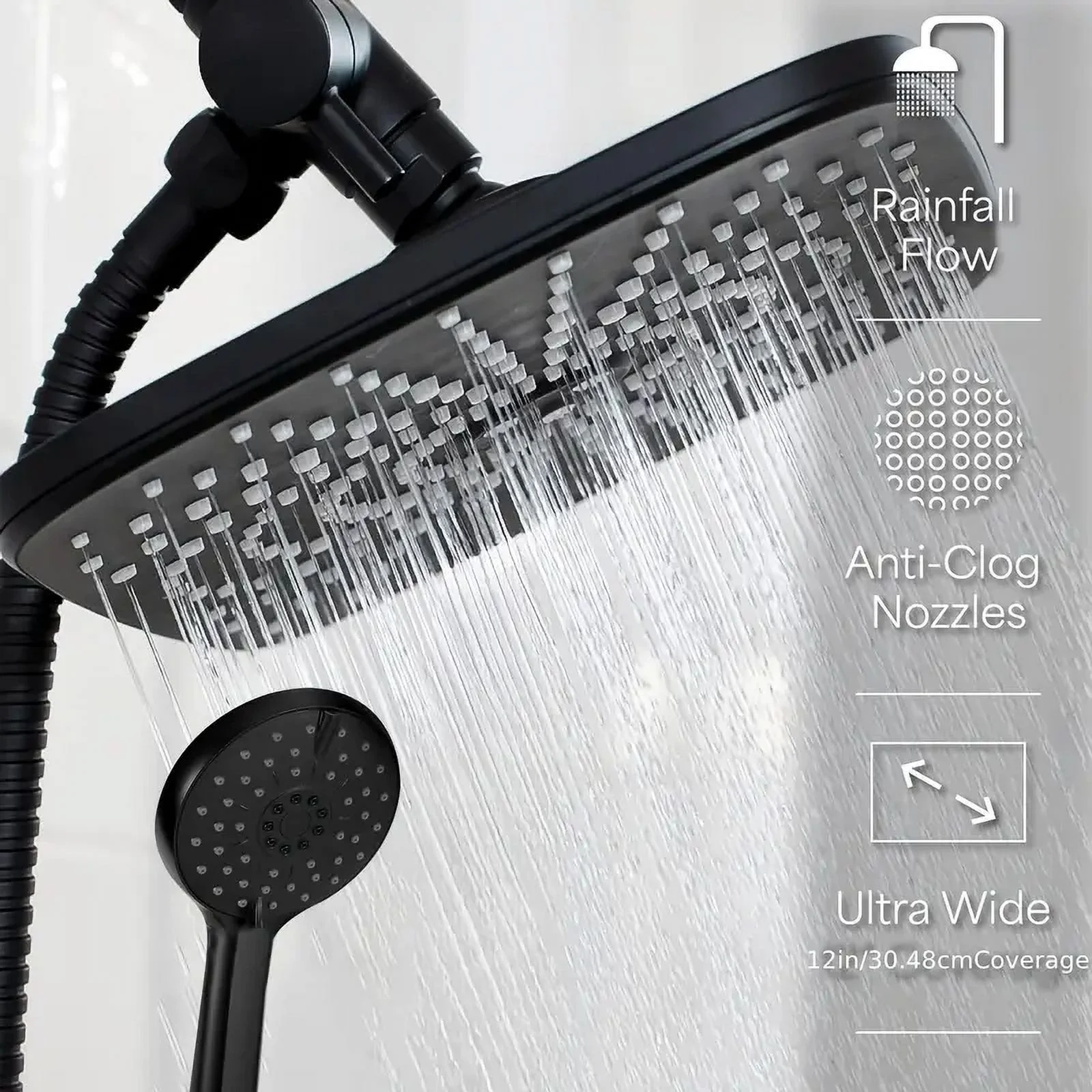 5-Setting High Pressure Shower Head 12 inch Rain Shower Head with Handheld and Hose Silver