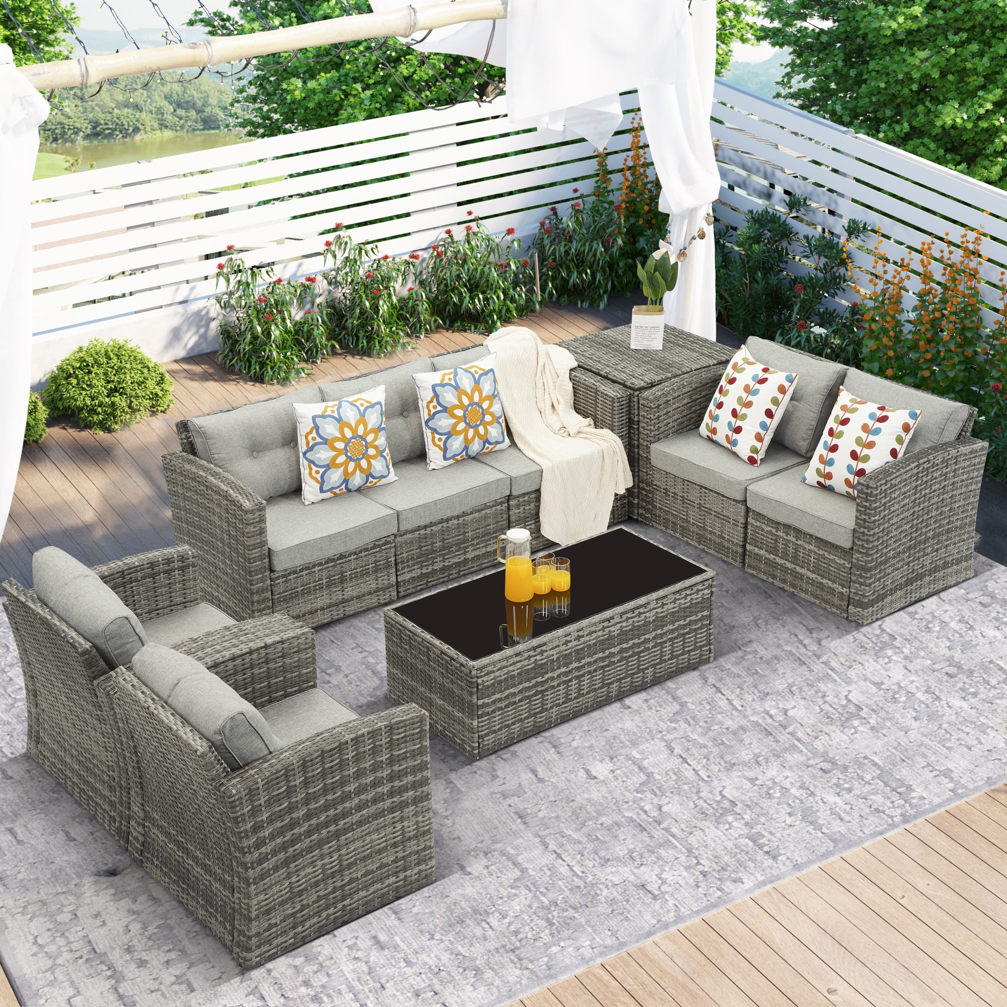 Royalcraft Outdoor Patio Furniture Set,9 Pieces Outdoor Sectional Wicker Sofa PE Rattan Conversation Sets with Non-slip Cushions,Aluminum Frame,Grey
