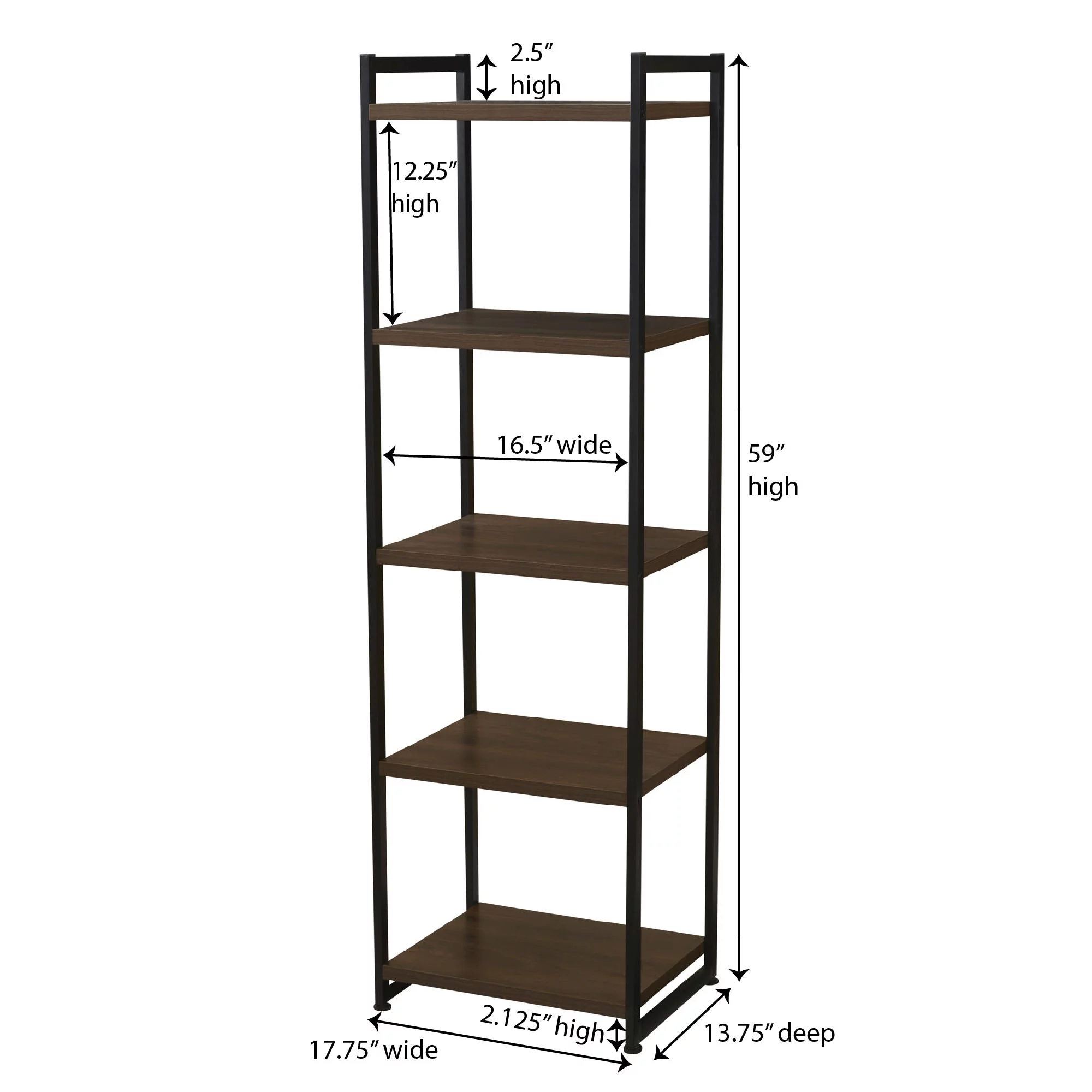 Household Essentials Jamestown Narrow 5 Shelf Open Storage Bookshelf Mid Century Walnut Wood Grain and Black Metal